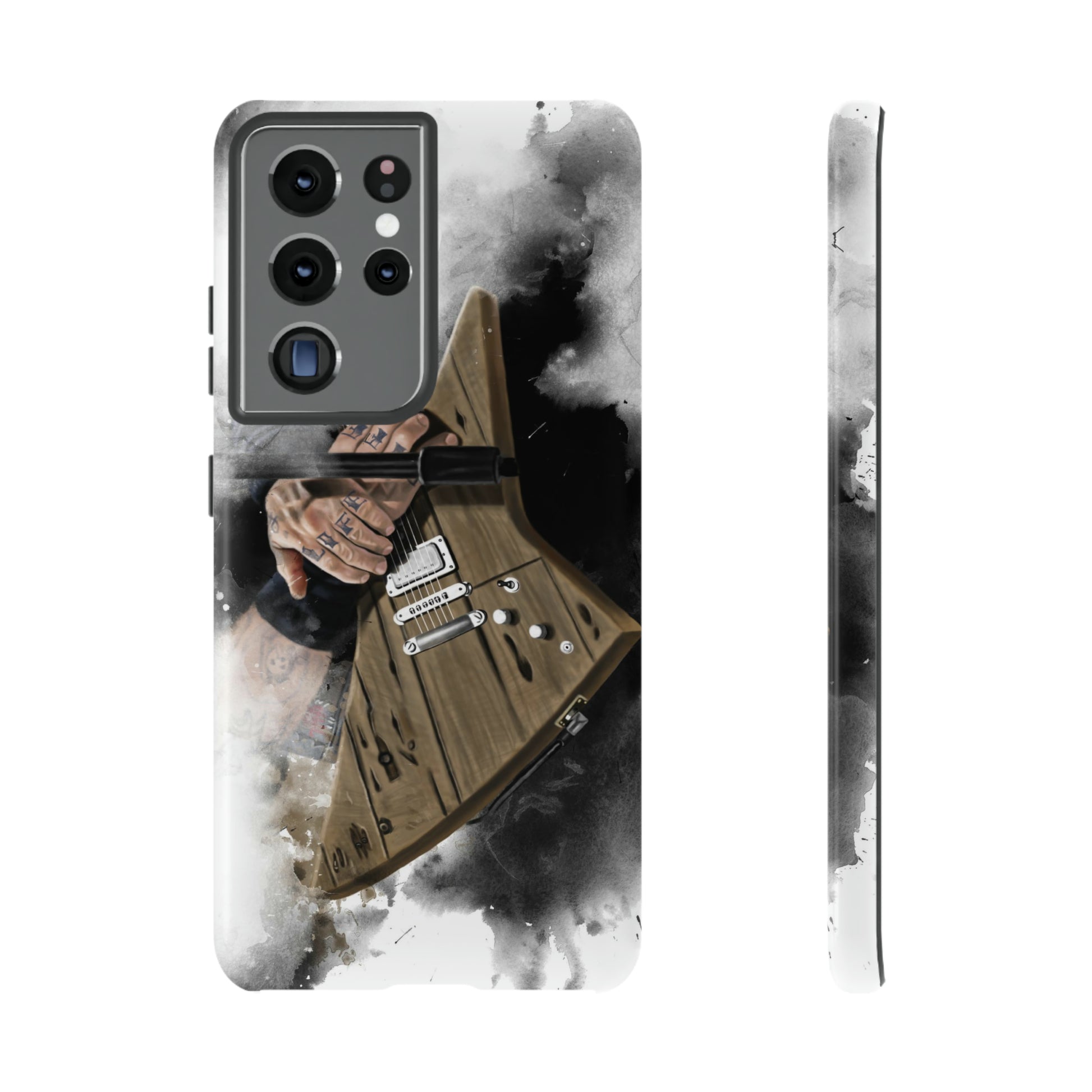 Digital painting of a brown electric guitar with hands printed on a samsung phone case