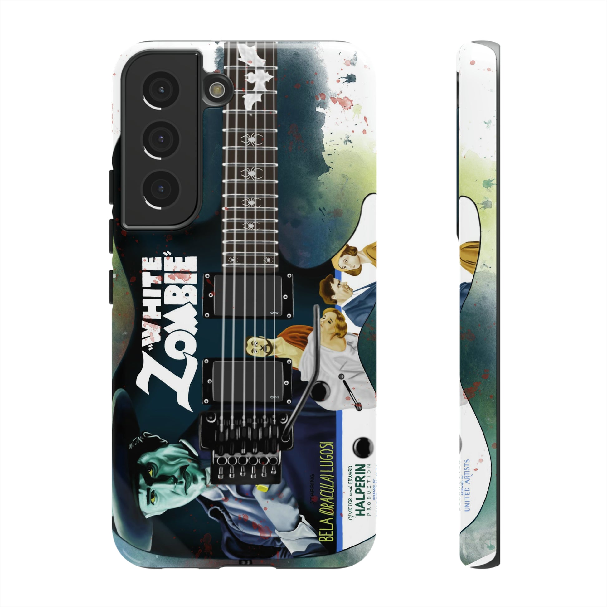 Digital painting of a blue electric guitar with a vintage movie poster on it printed on samsung phone case