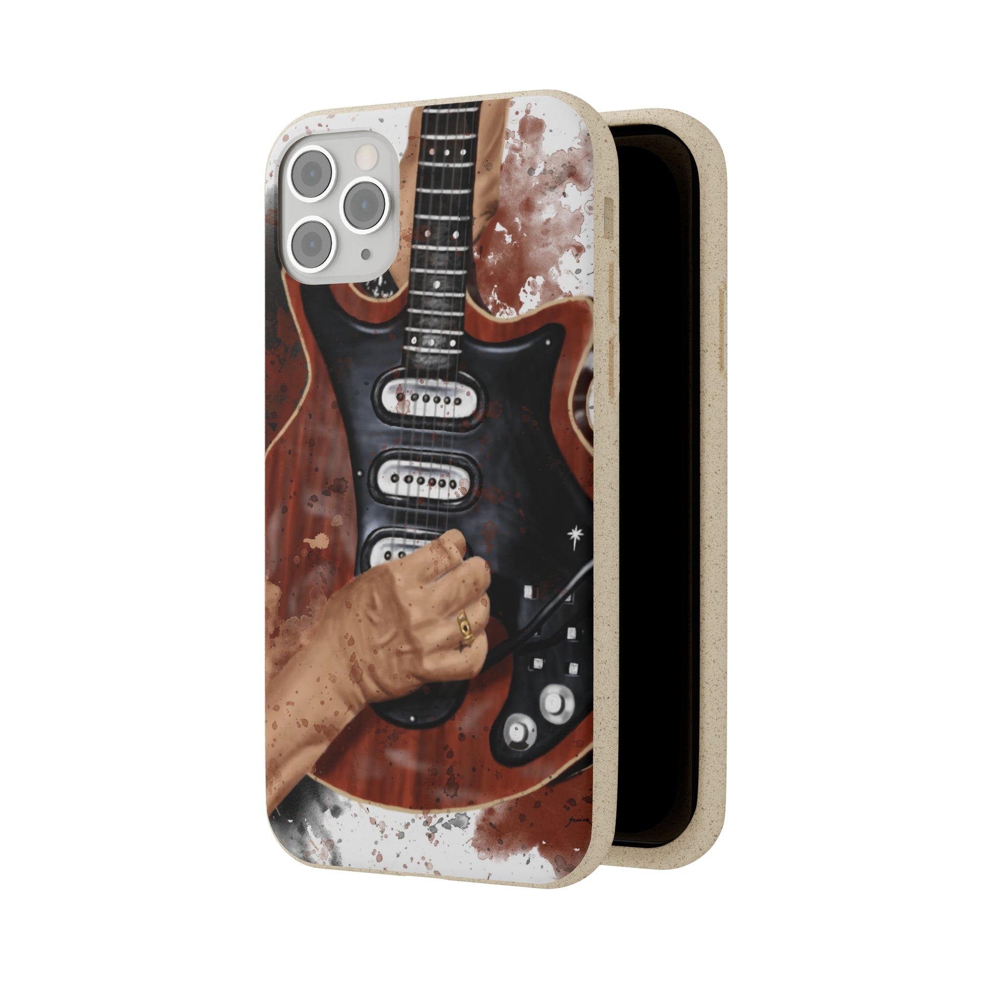 digital painting of a red black electric guitar with hands printed on biodegradable iphone phone case