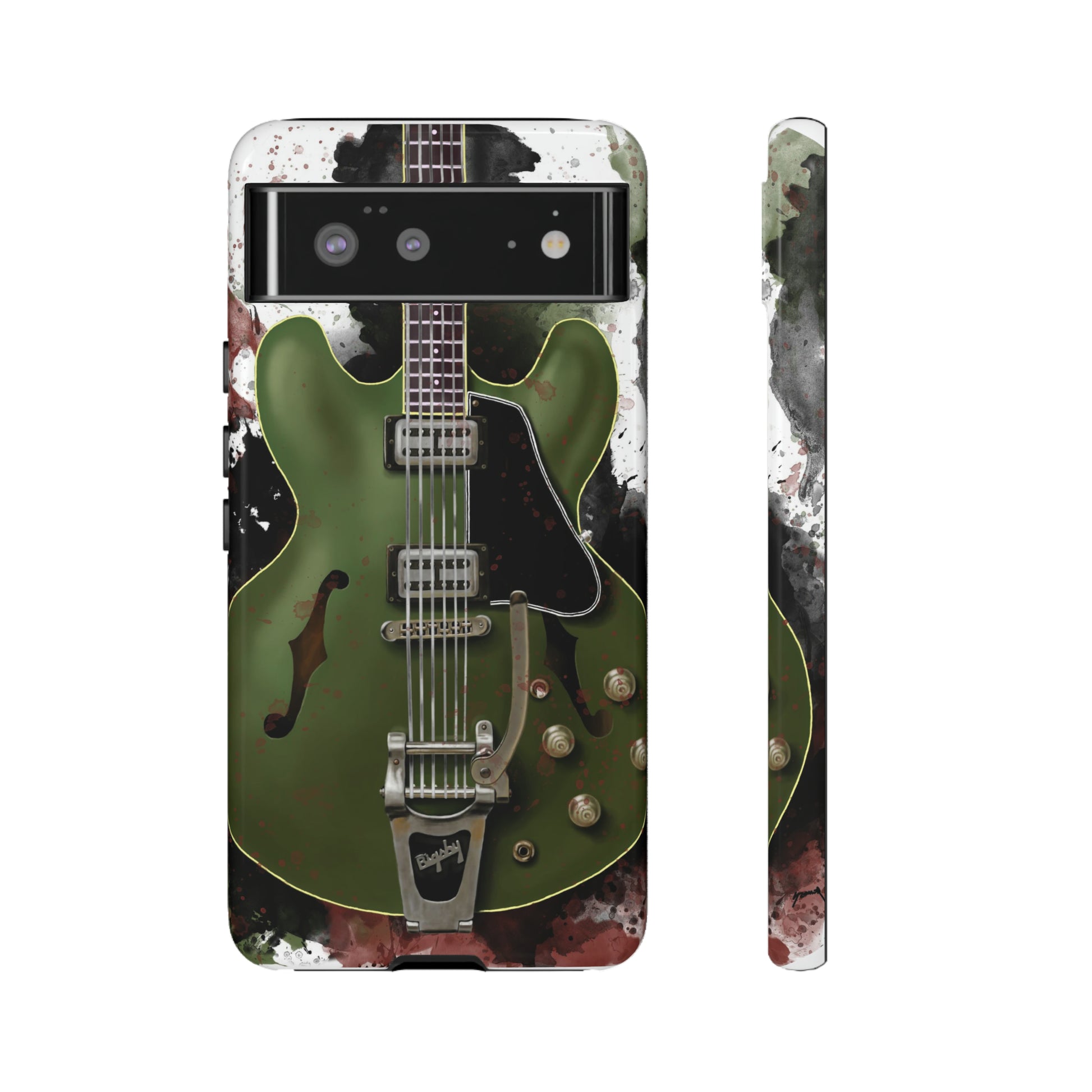 digital painting of a green electric guitar printed on a google phone case