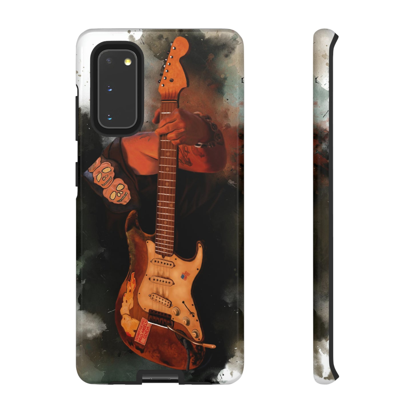 Digital painting of a heavy used vintage sunburst electric guitar with hand printed on samsung phone case