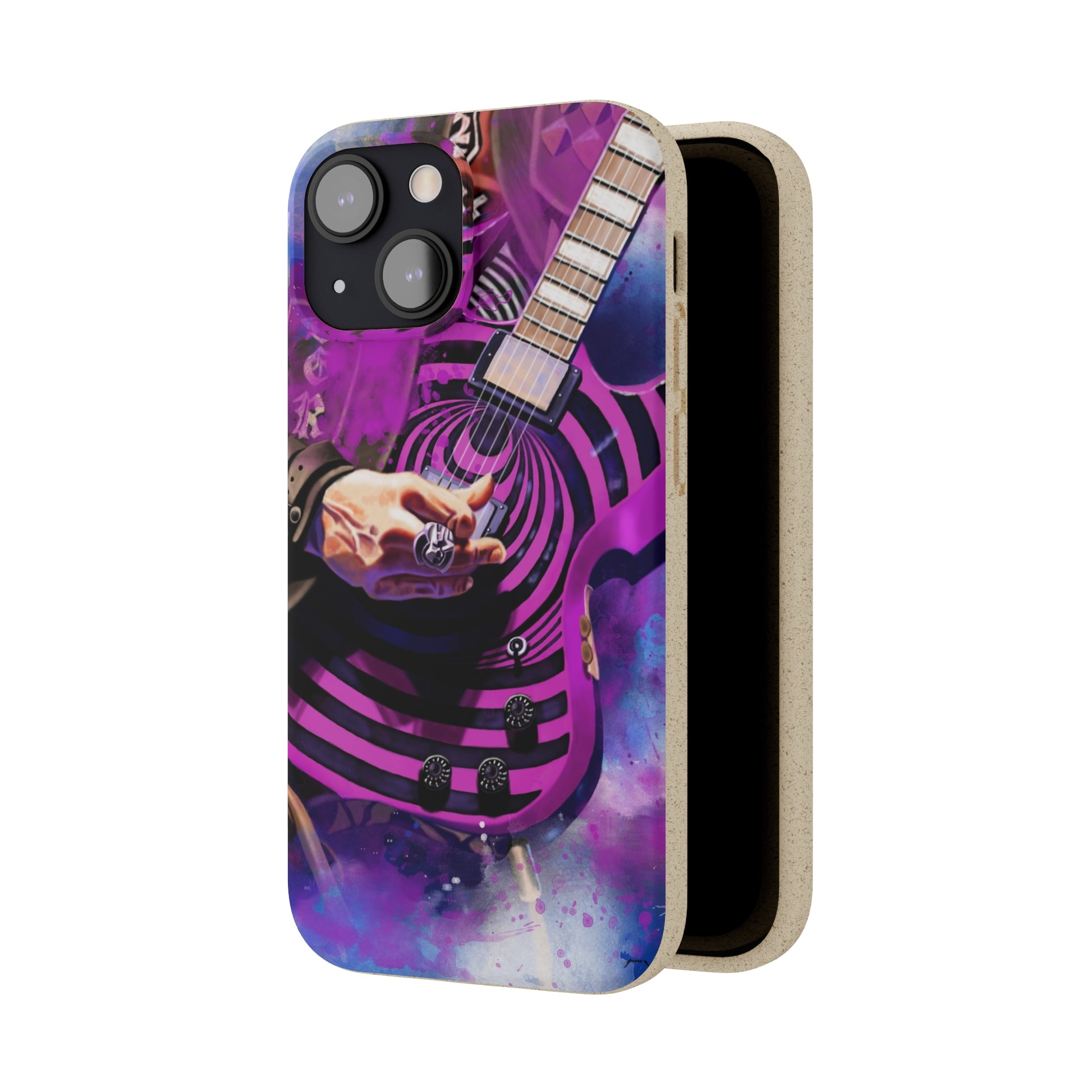 Digital painting of a purple black electric guitar with hand printed on a biodegradable iphone phone case