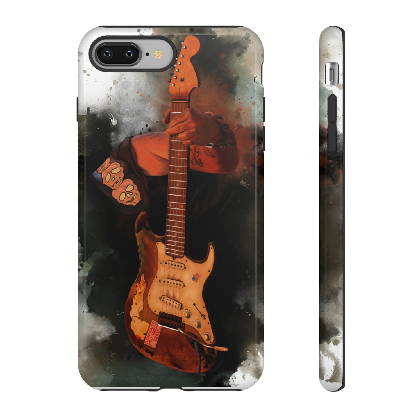 Digital painting of a heavy used vintage sunburst electric guitar with hand printed on iphone phone case