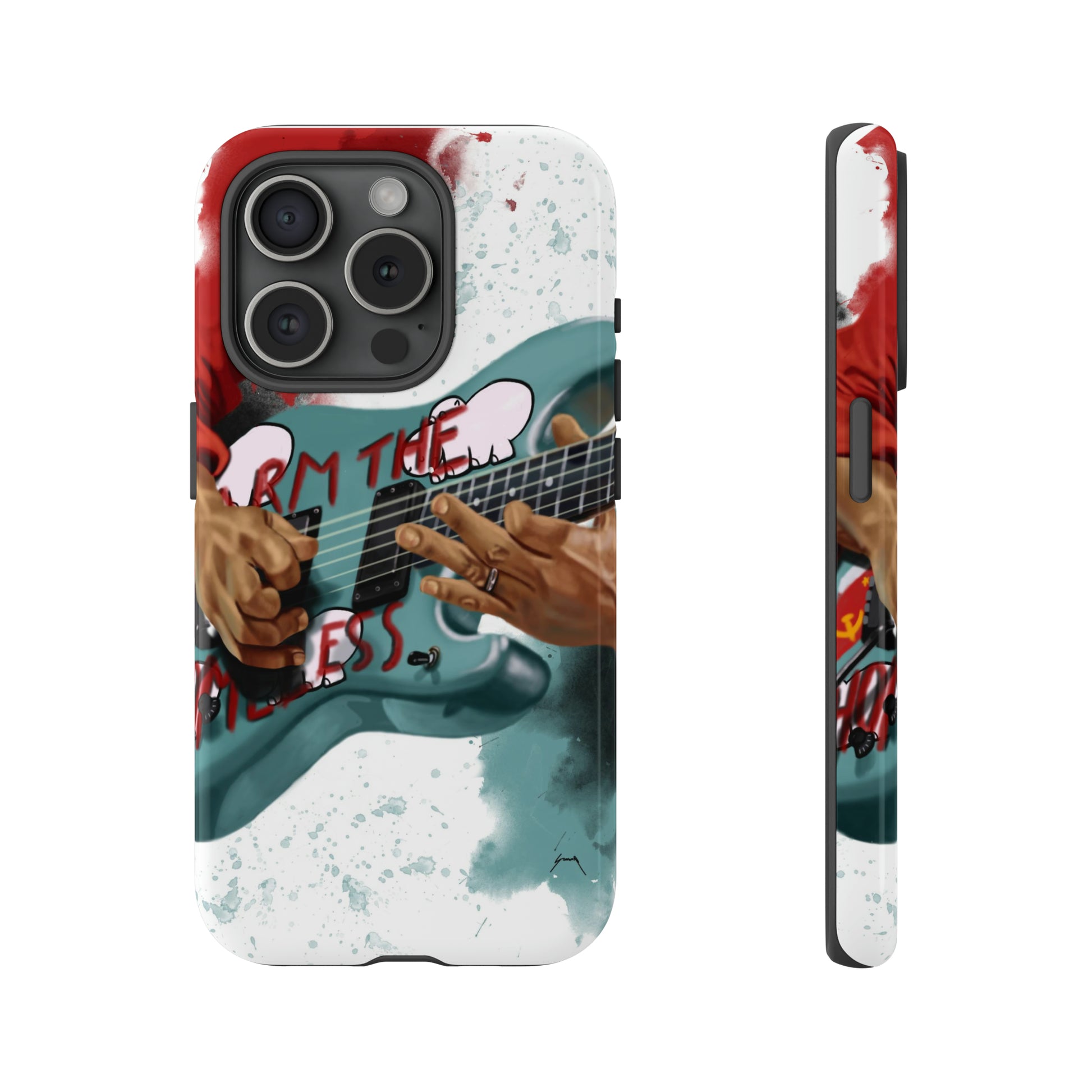 Digital painting of a blue electric guitar with stickers and hands printed on iphone phone case