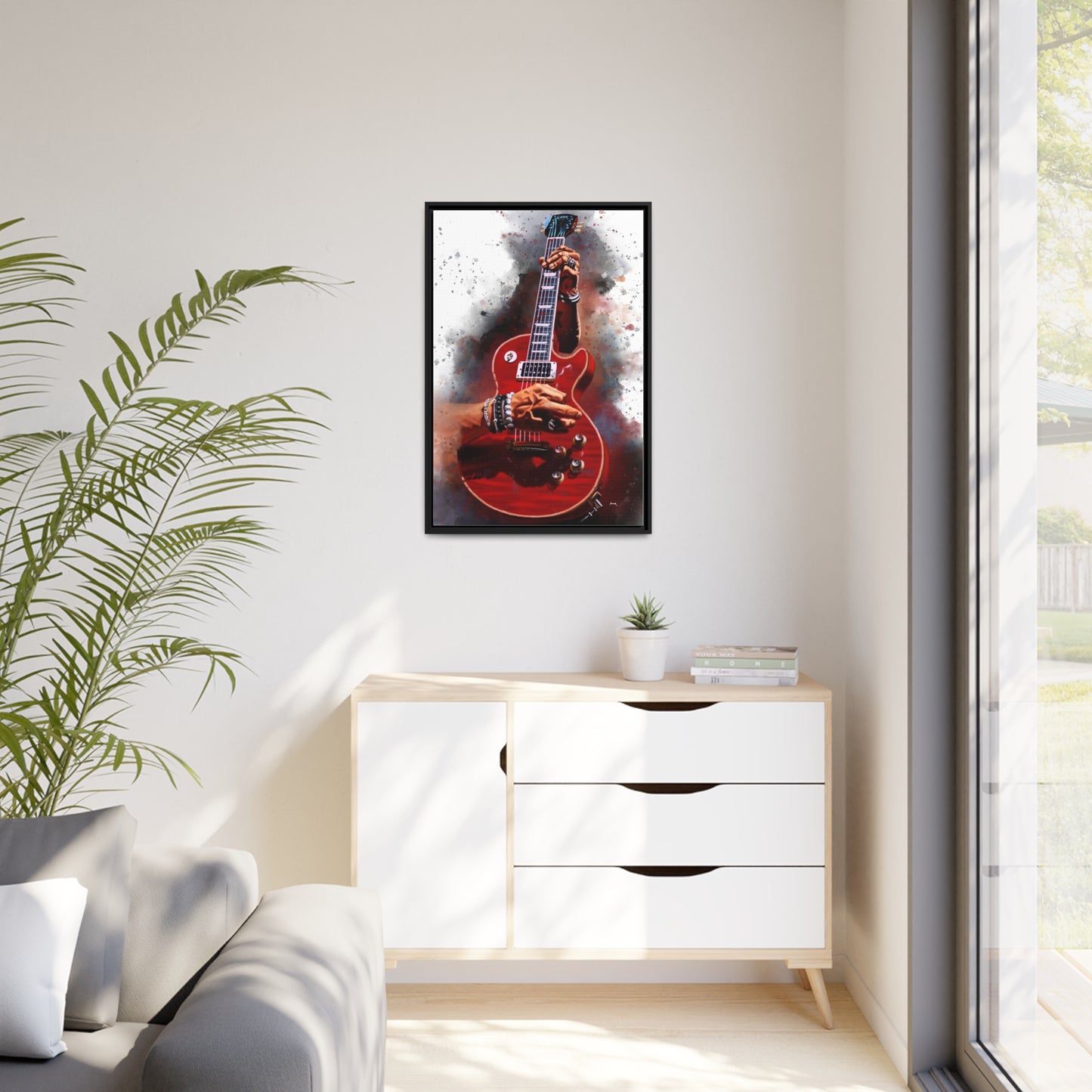 Digital painting of fire red electric guitar printed on canvas