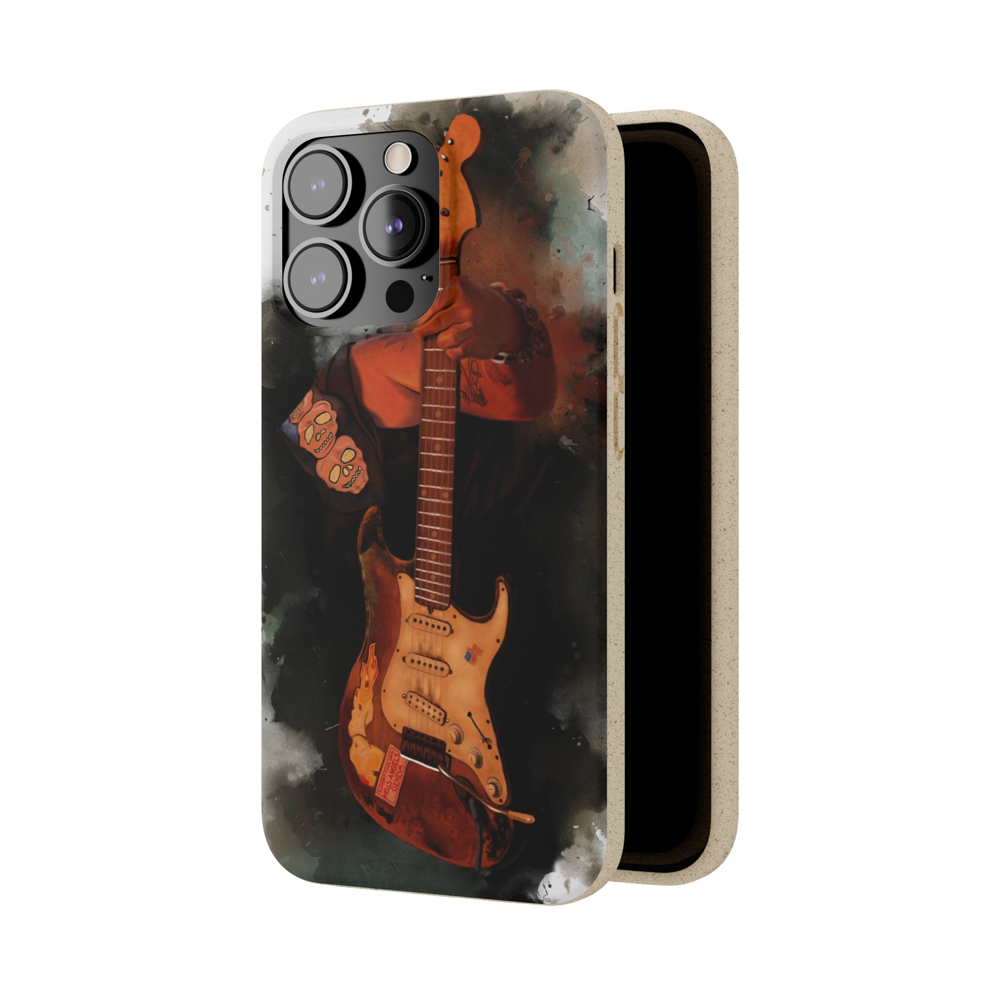 digital painting of Papa's heavy used vintage sunburst electric guitar printed on biodegradable iphone phone case