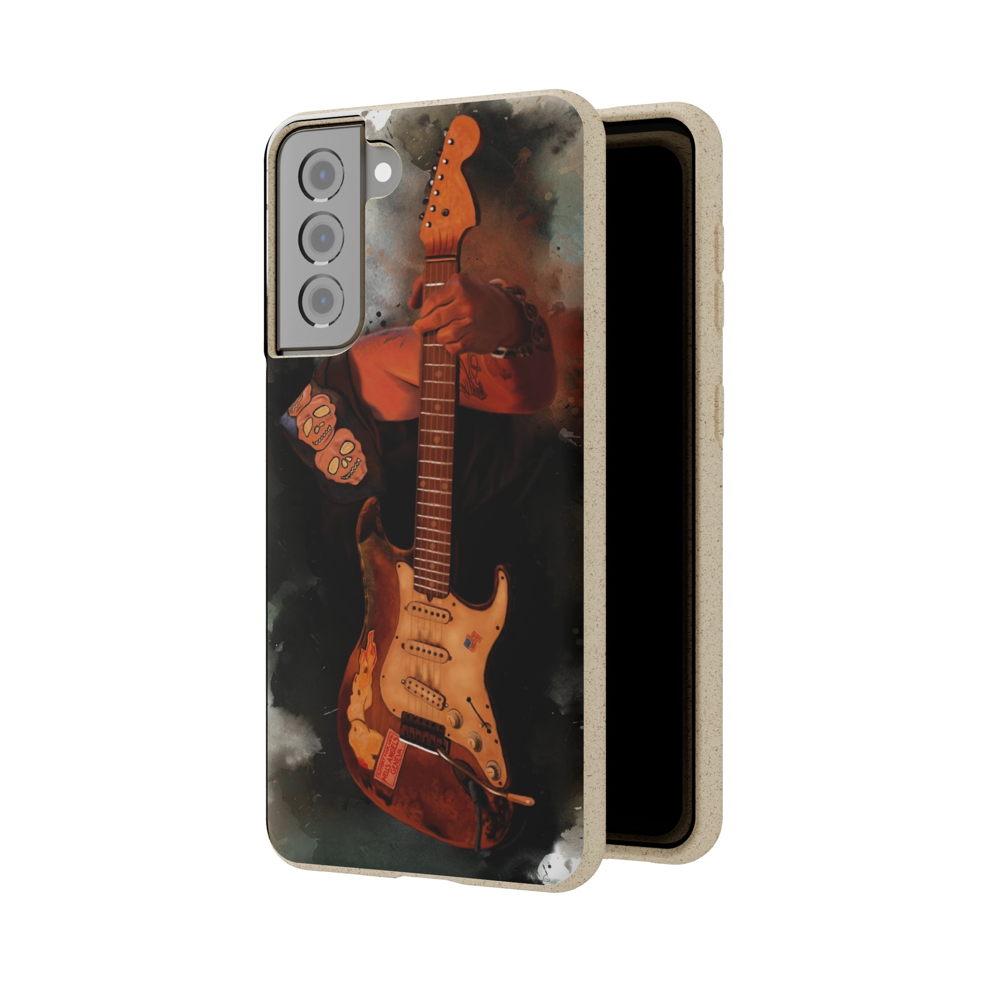 digital painting of Papa's heavy used vintage sunburst electric guitar printed on biodegradable samsung phone case