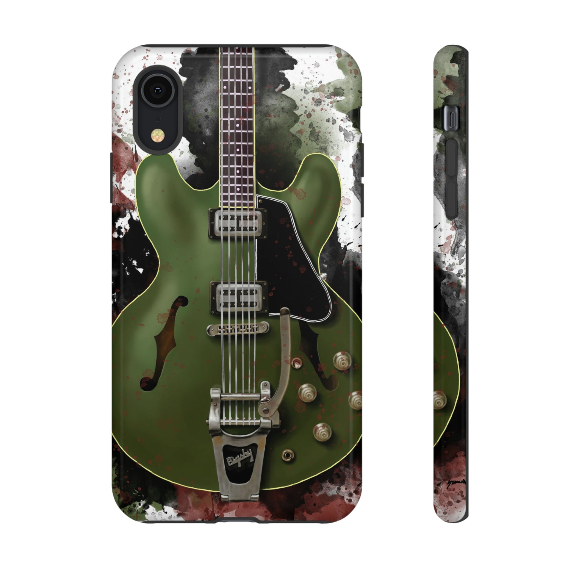 digital painting of a green electric guitar printed on an iphone phone case