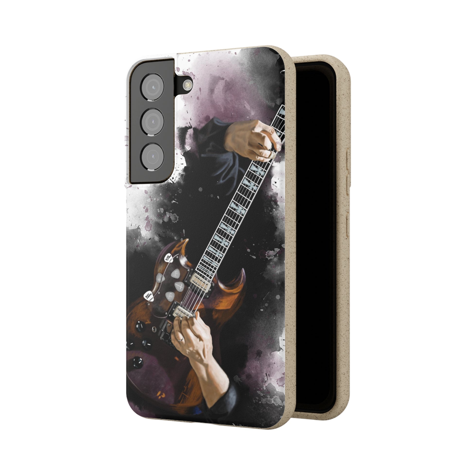 digital painting of a vintage black electric guitar with hands printed on biodegradable samsung phone case