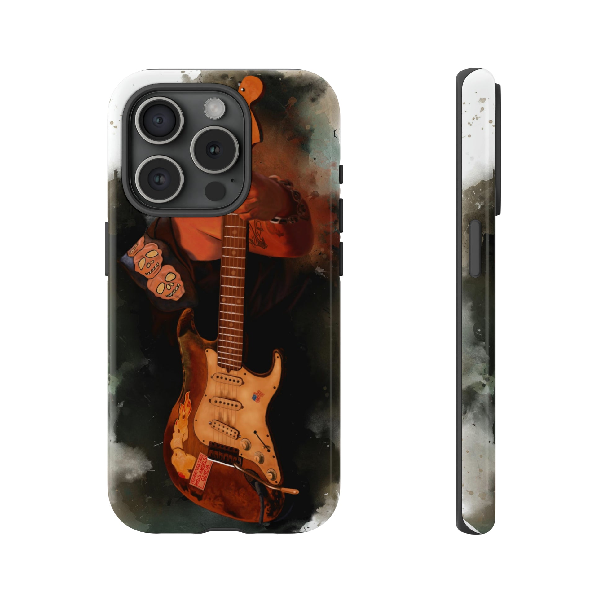 Digital painting of a heavy used vintage sunburst electric guitar with hand printed on iphone phone case