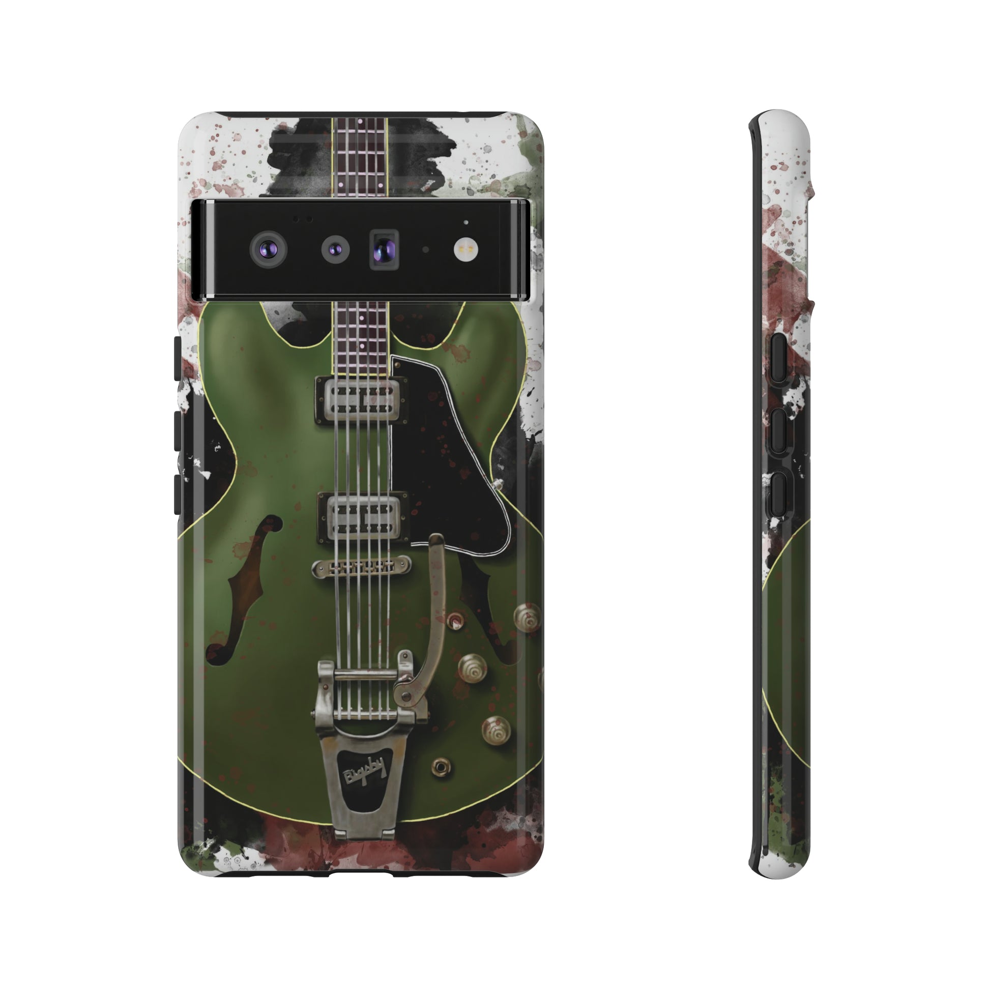 digital painting of a green electric guitar printed on a google phone case