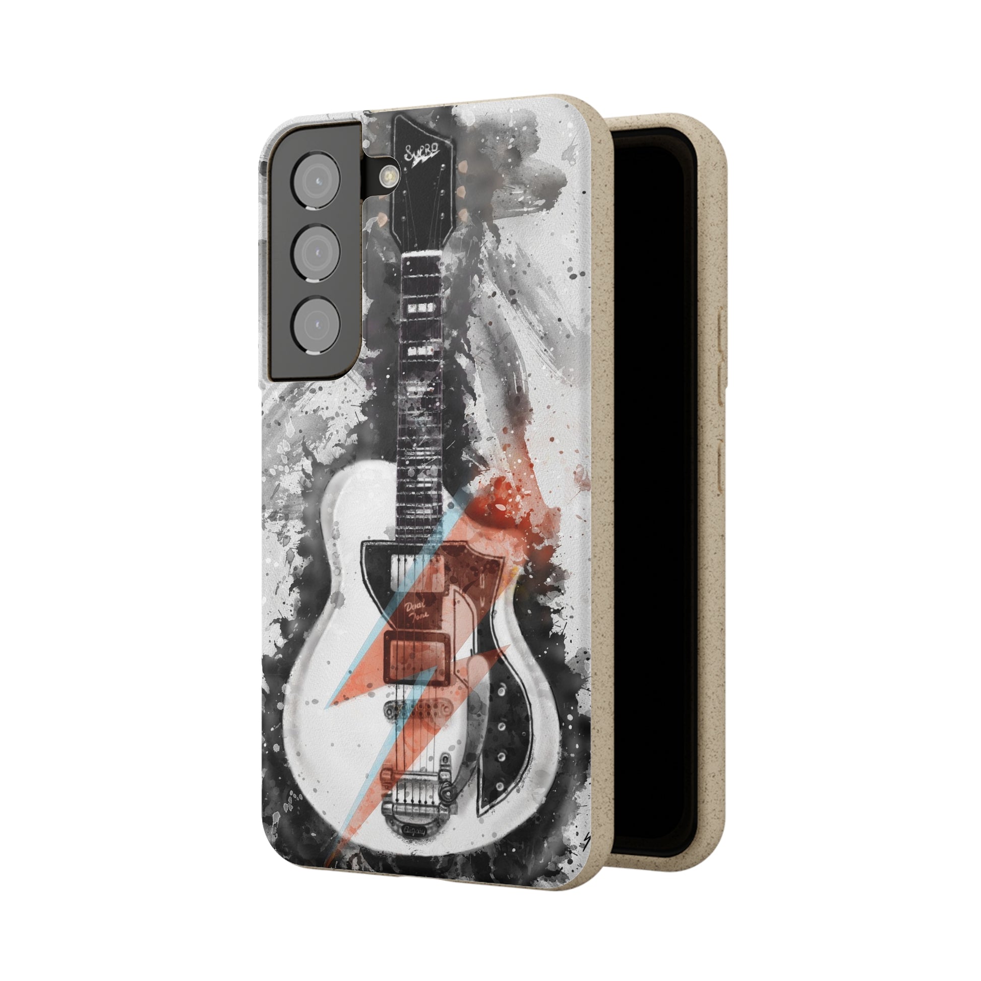 digital caricature painting of a white electric guitar printed on a biodegradable samsung phone case