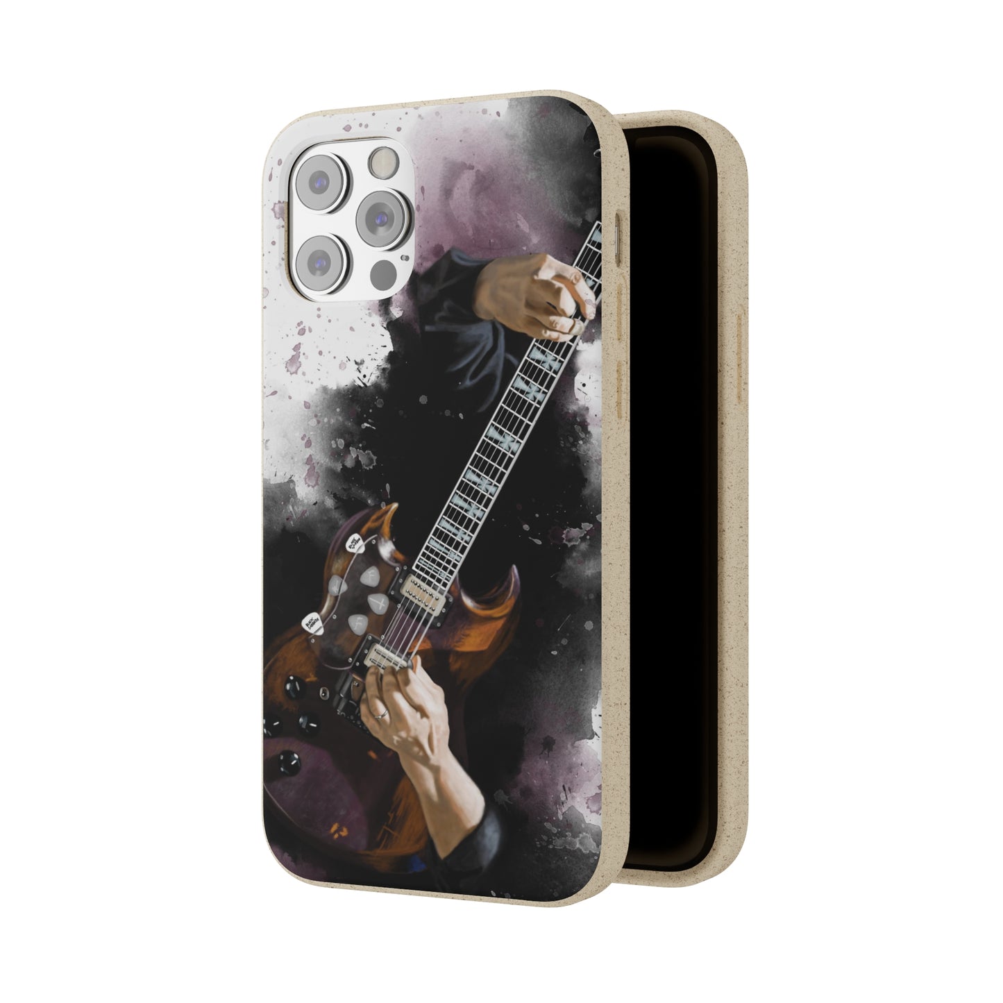 digital painting of a vintage black electric guitar with hands printed on biodegradable iphone phone case