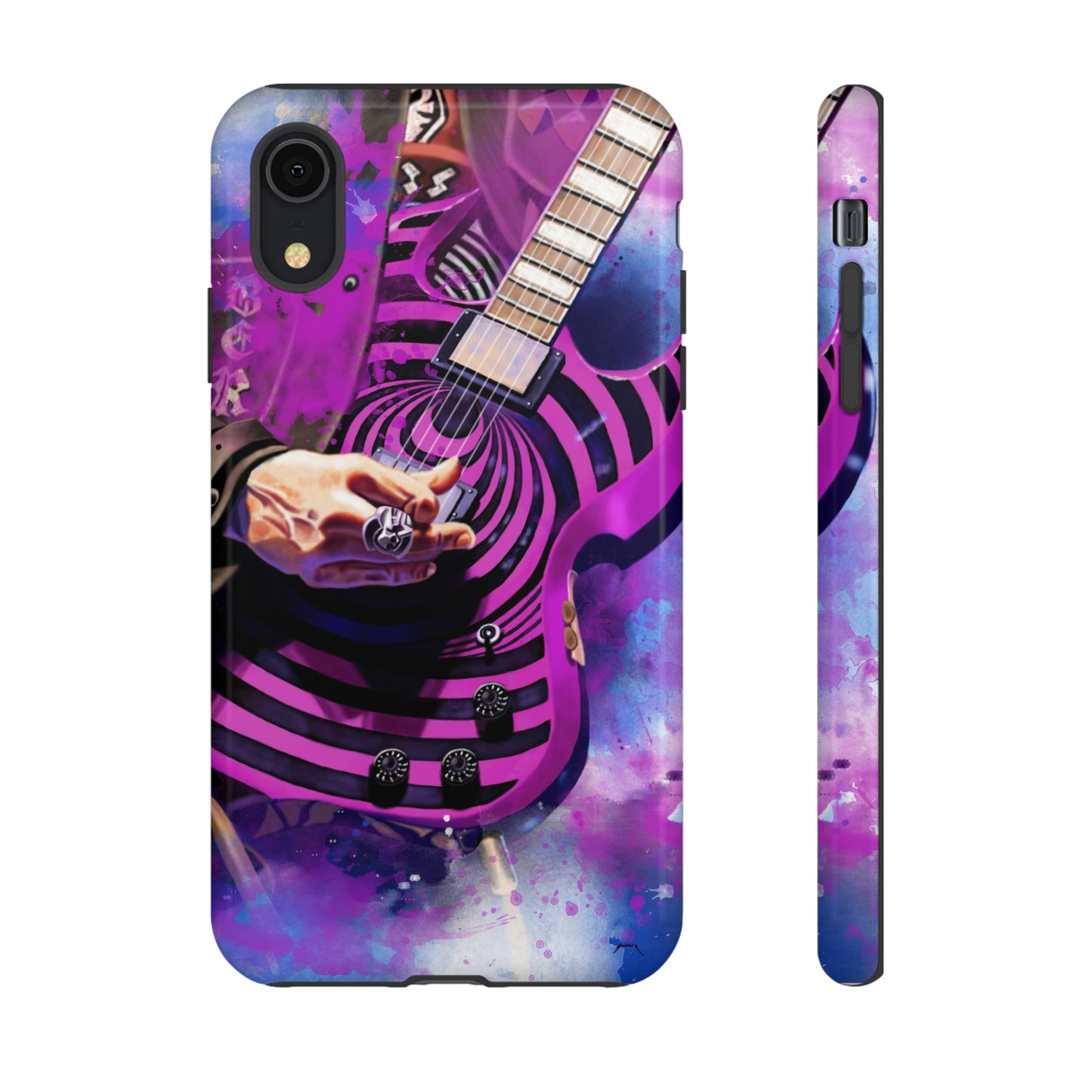 digital painting of a purple-black electric guitar with hand printed on iphone phone case