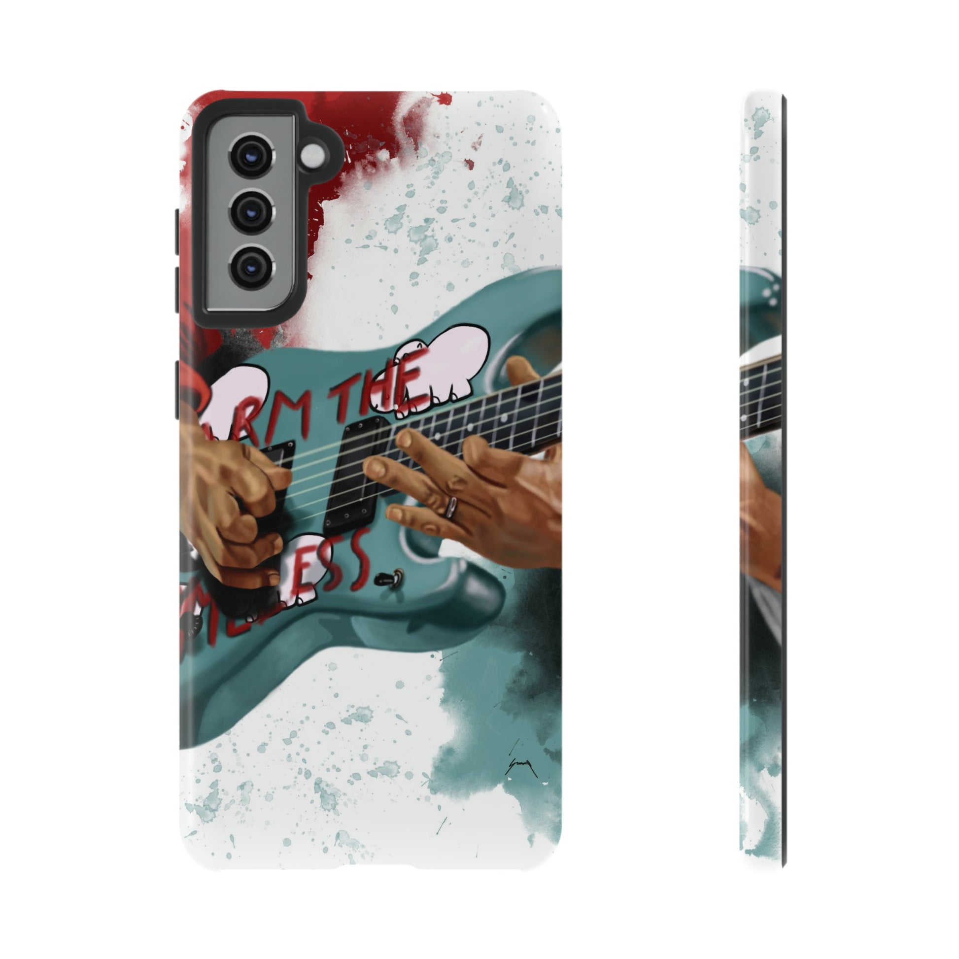 Digital painting of a blue electric guitar with stickers and hands printed on samsung phone case