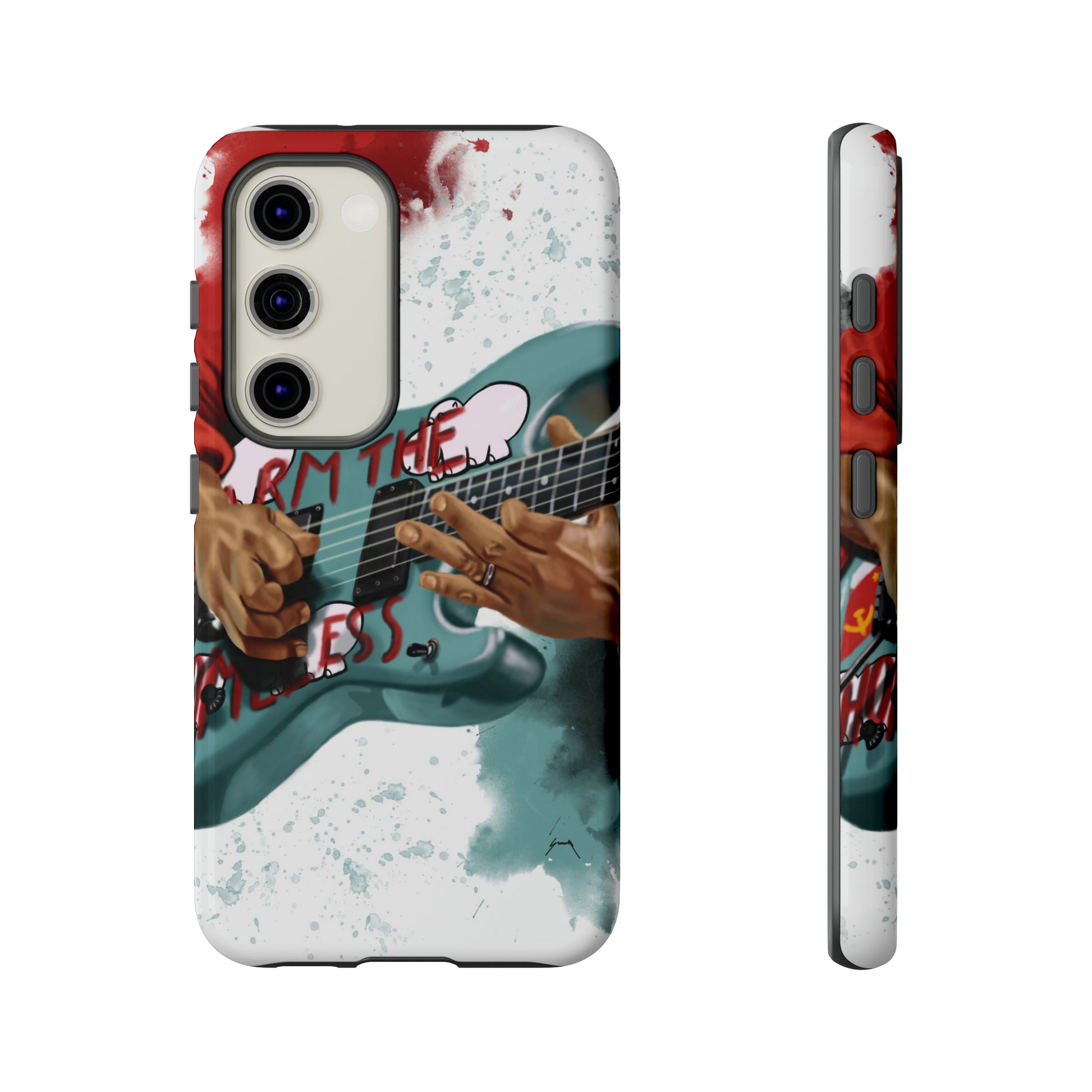 Digital painting of a blue electric guitar with stickers and hands printed on samsung phone case