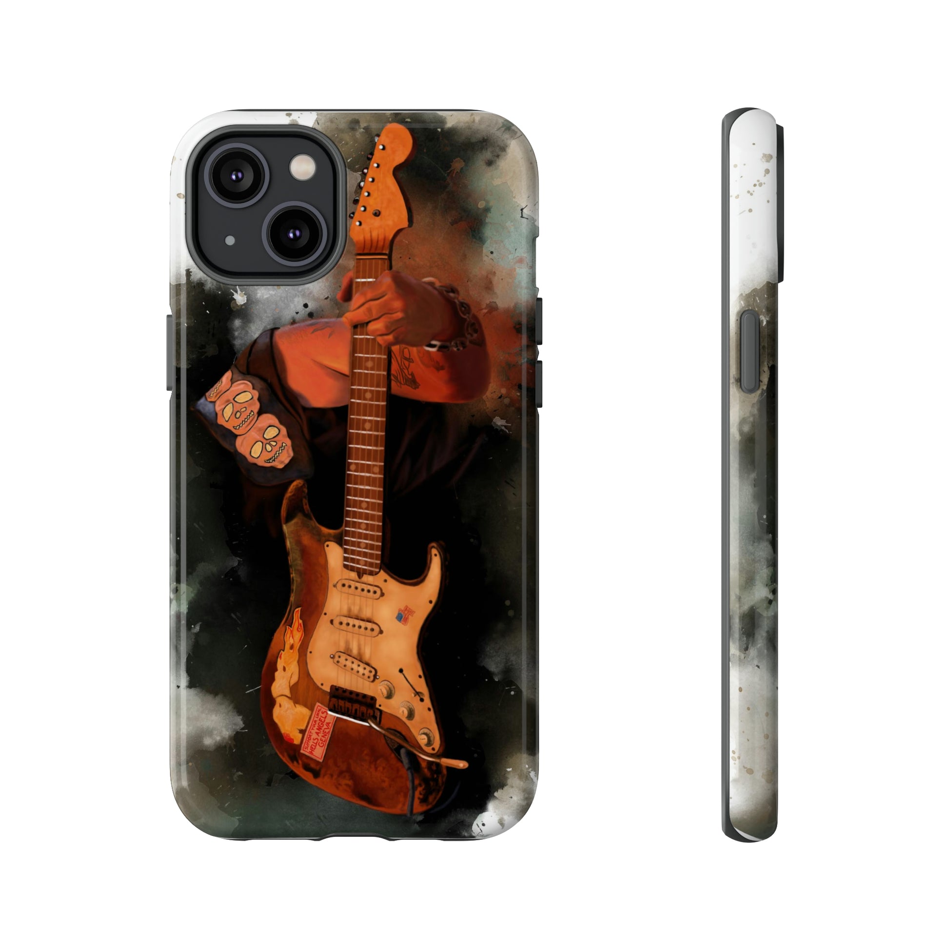 Digital painting of a heavy used vintage sunburst electric guitar with hand printed on iphone phone case