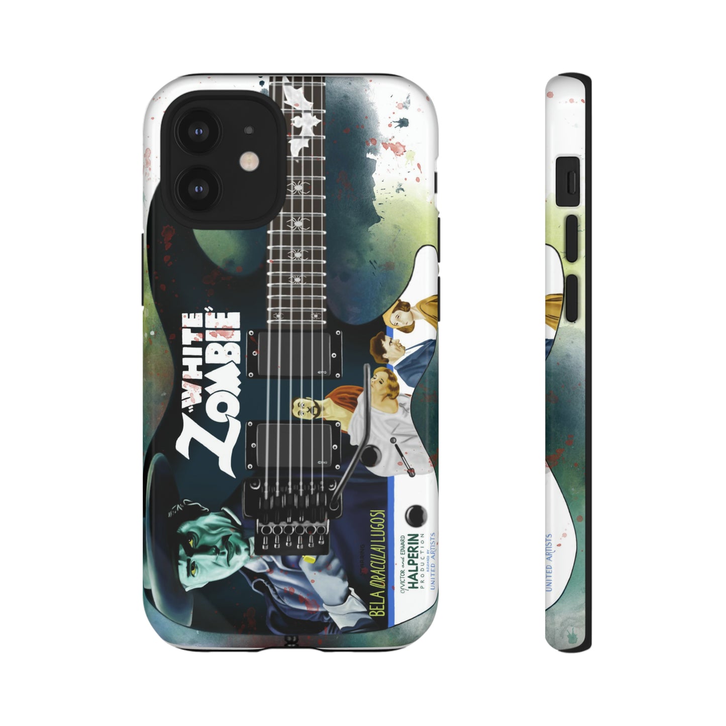 Digital painting of a blue electric guitar with a vintage movie poster on it printed on iphone phone case