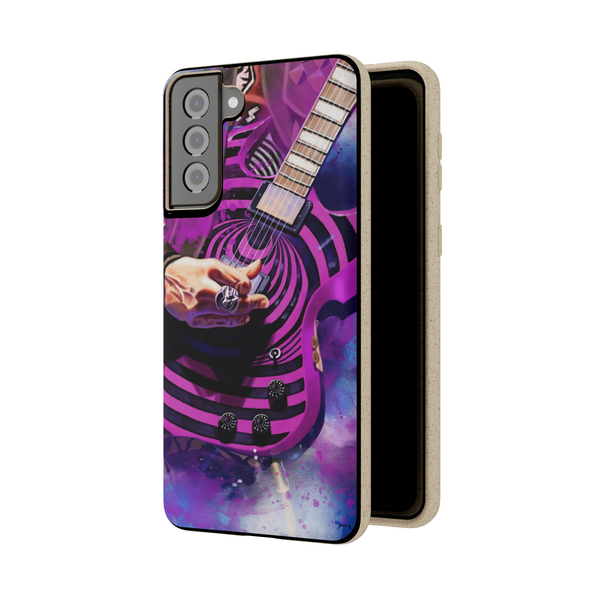 Digital painting of a purple black electric guitar with hand printed on a biodegradable samsung phone case