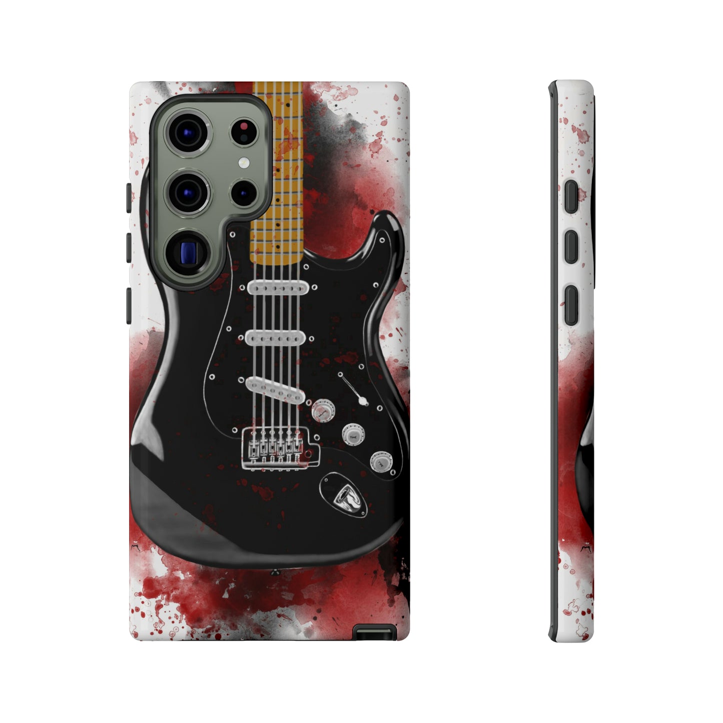 Digital painting of black electric guitar printed on a samsung phone case