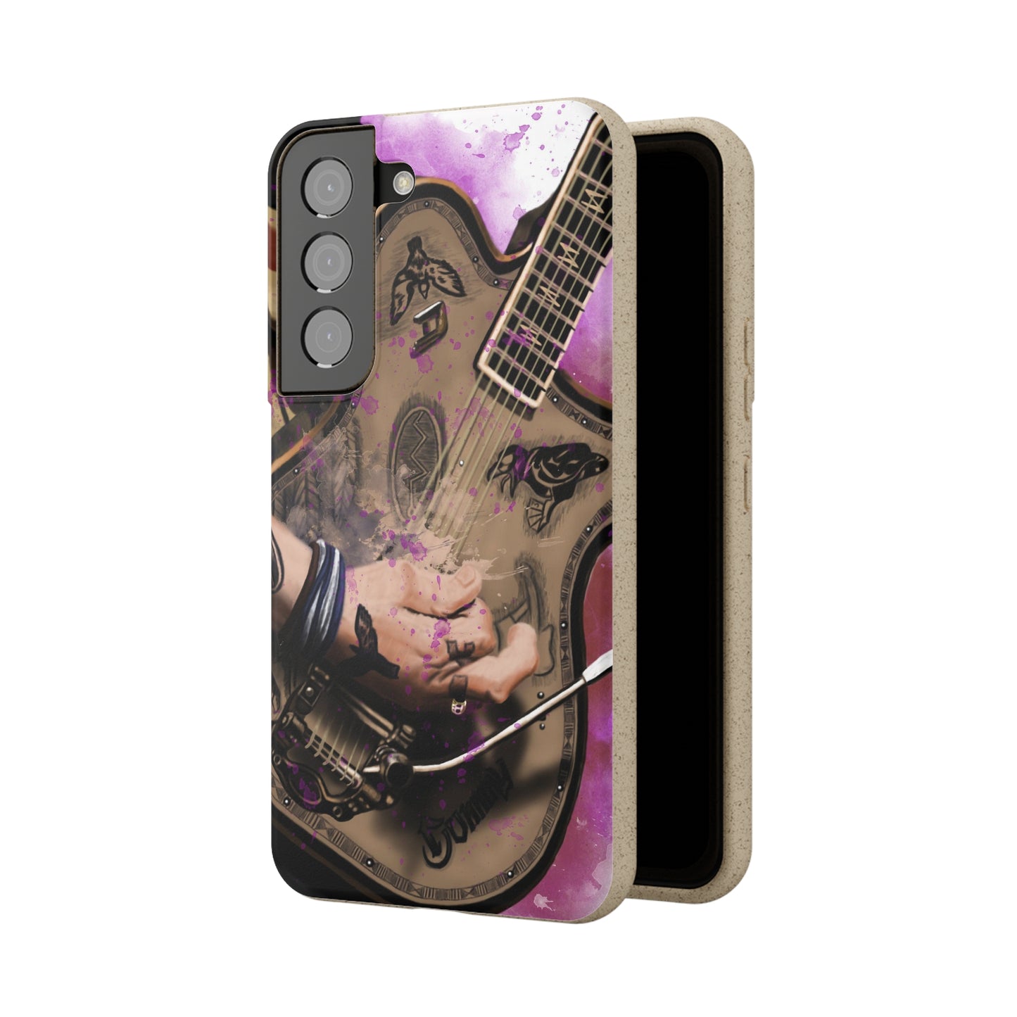 digital painting of an electric guitar with tattooed hand printed on a biodegradable samsung phone case