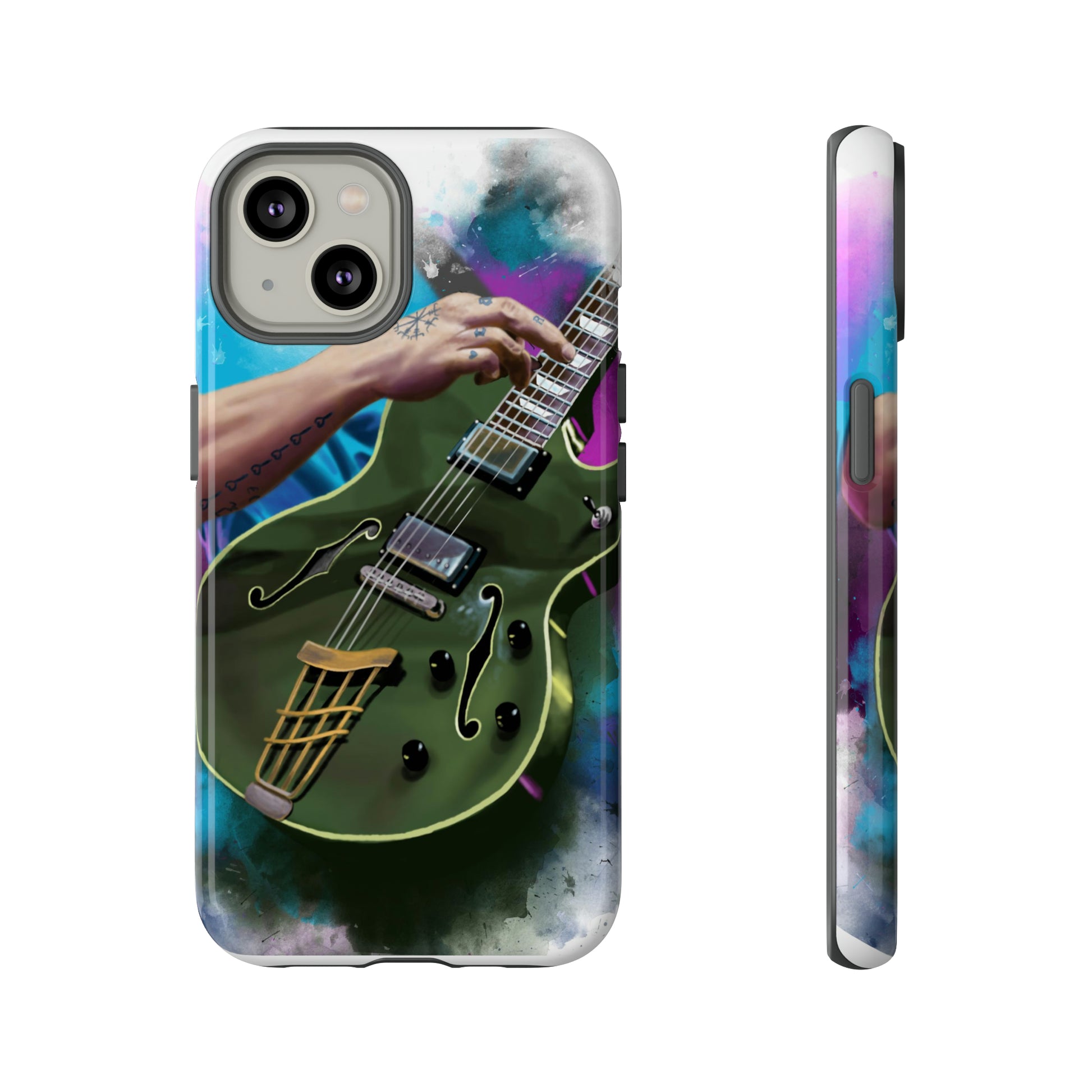 Digital painting of an olive green electric guitar with hand printed on iphone tough case