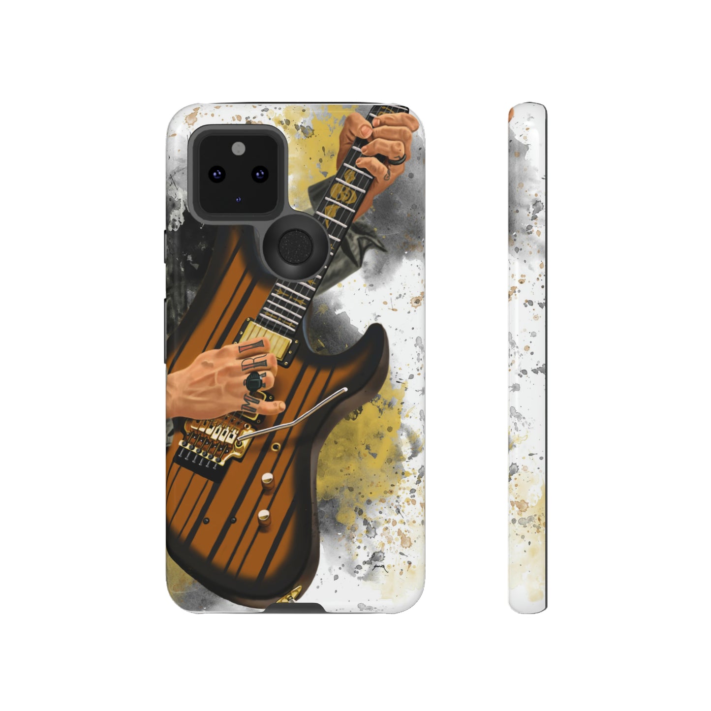 Digital painting of a burst black electric guitar with hands and tattoos printed on google tough case
