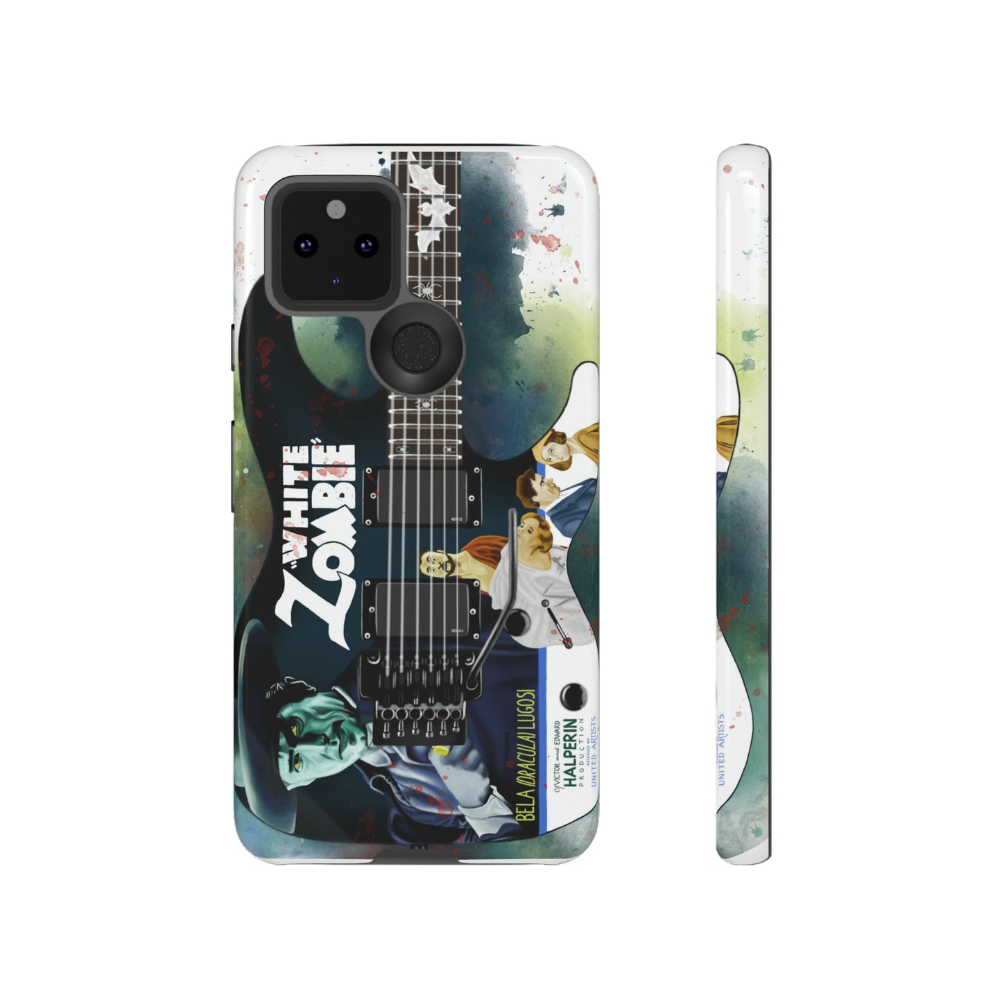Digital painting of a blue electric guitar with a vintage movie poster on it printed on google phone case
