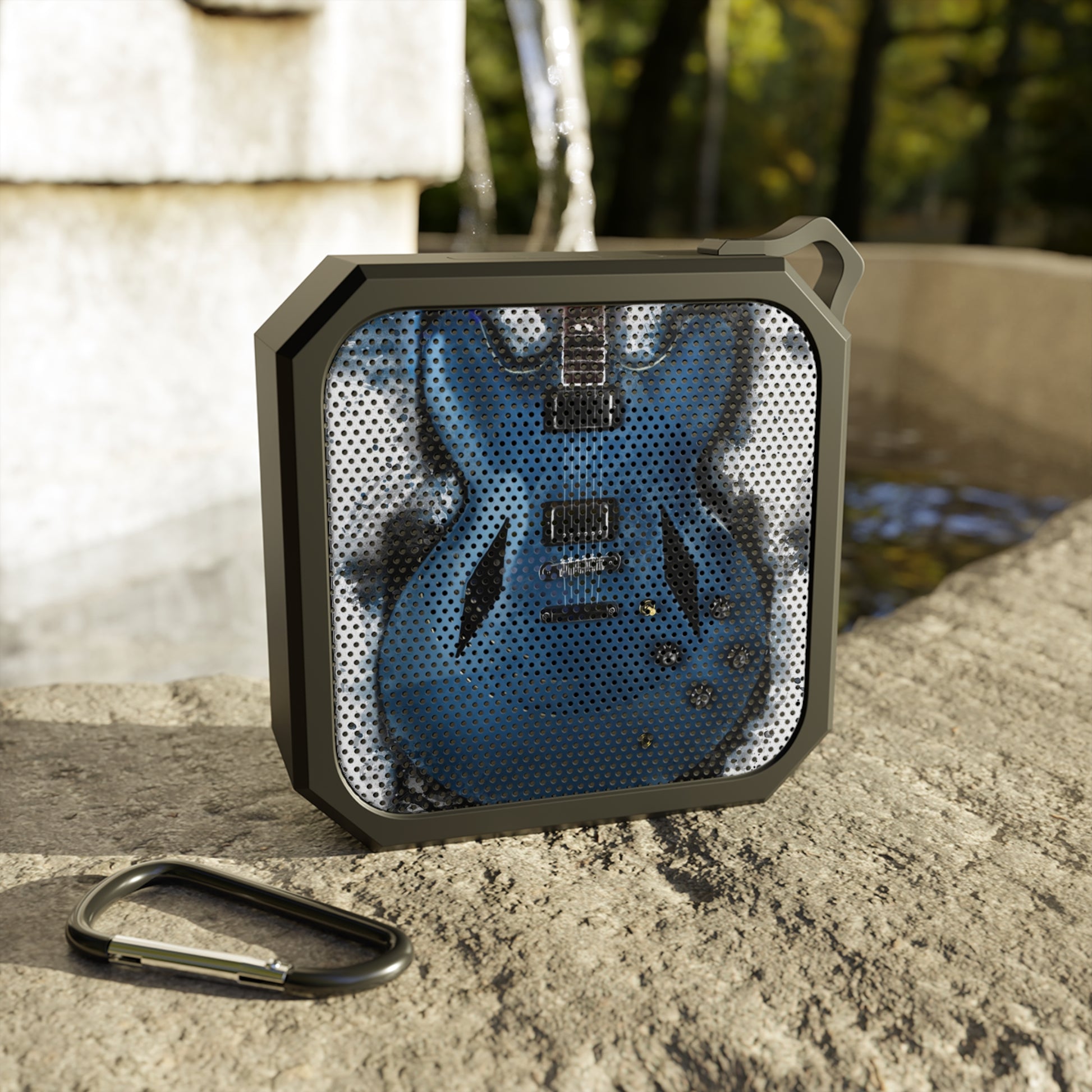 digital painting of a blue electric guitar printed on a bluetooth speaker