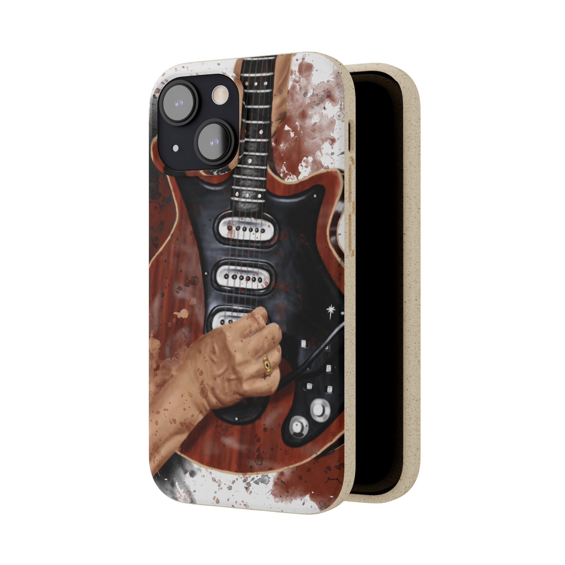 digital painting of a red black electric guitar with hands printed on biodegradable iphone phone case