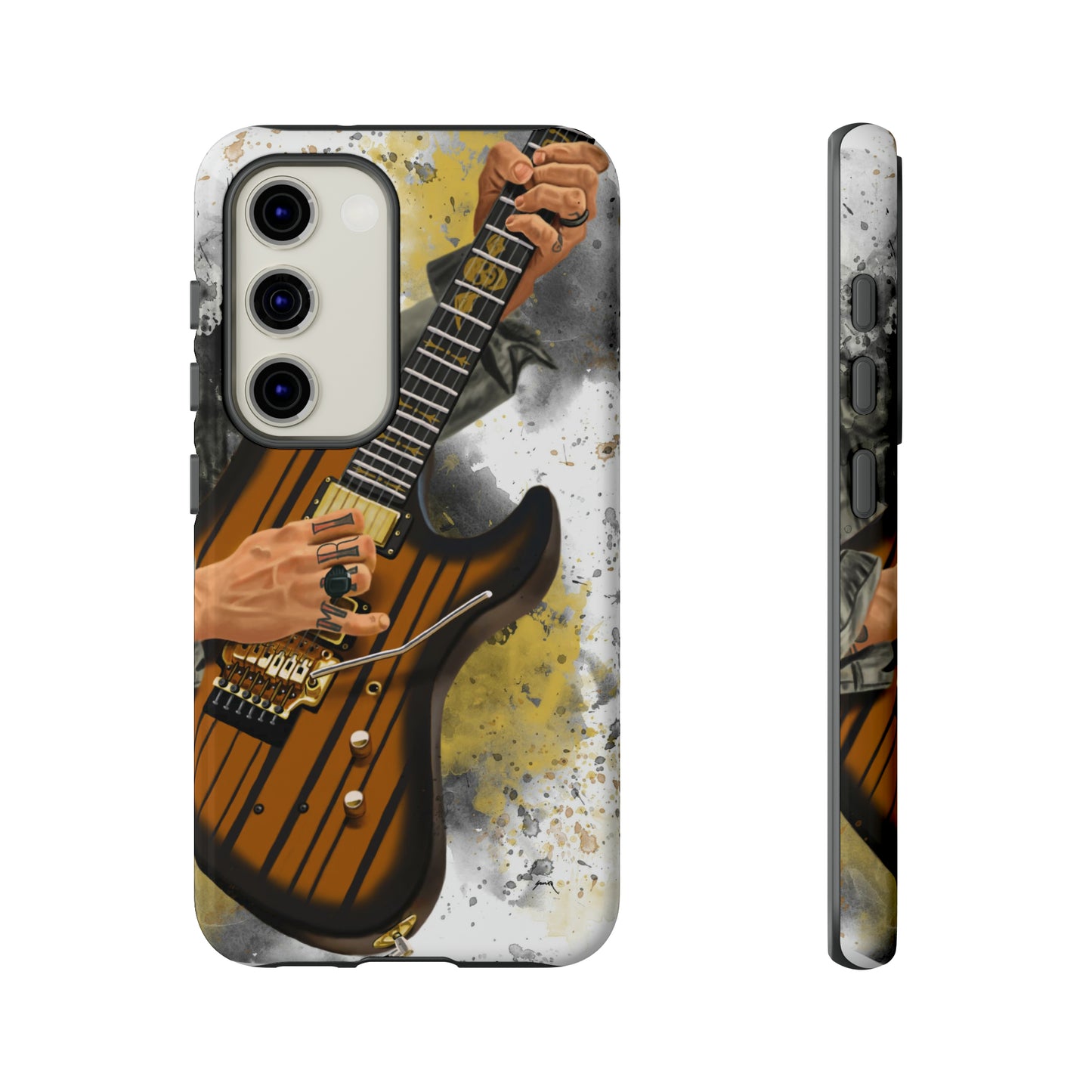 Digital painting of a burst black electric guitar with hands and tattoos printed on samsung tough case