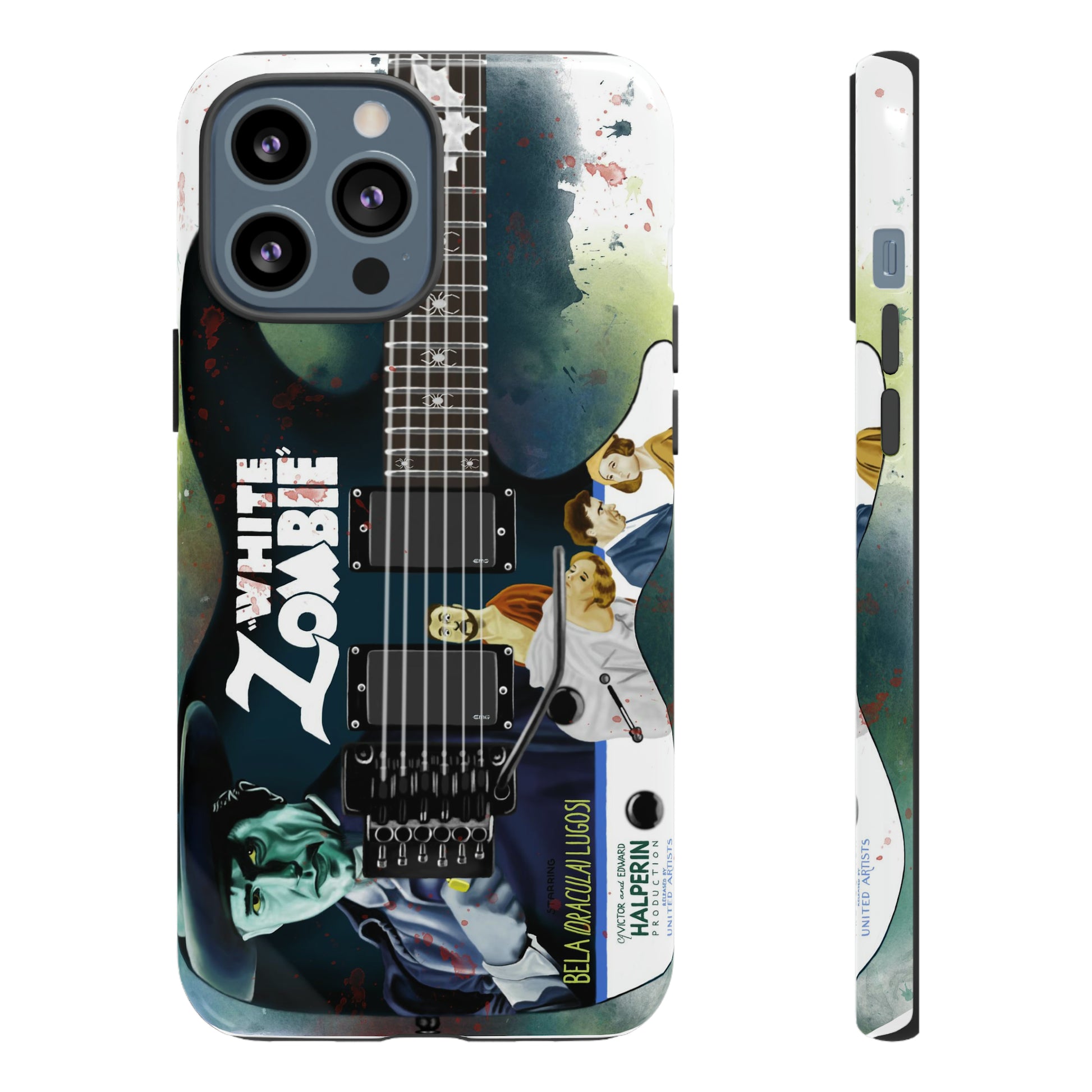 Digital painting of a blue electric guitar with a vintage movie poster on it printed on iphone phone case