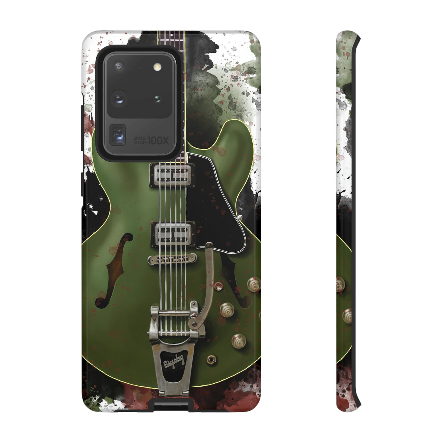 digital painting of a green electric guitar printed on a samsung phone case