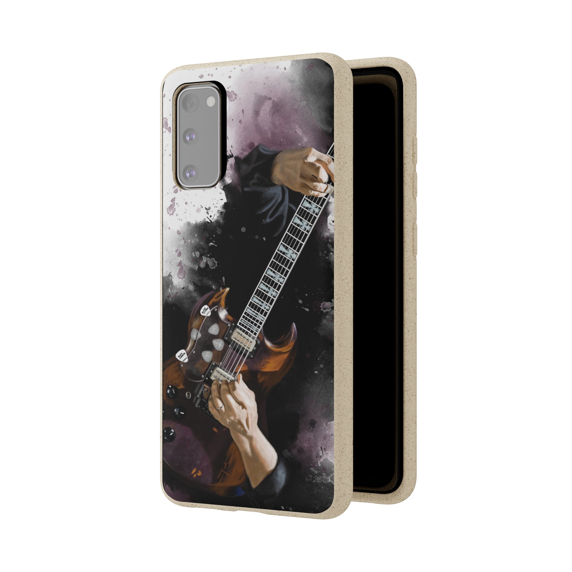 digital painting of a vintage black electric guitar with hands printed on biodegradable samsung phone case