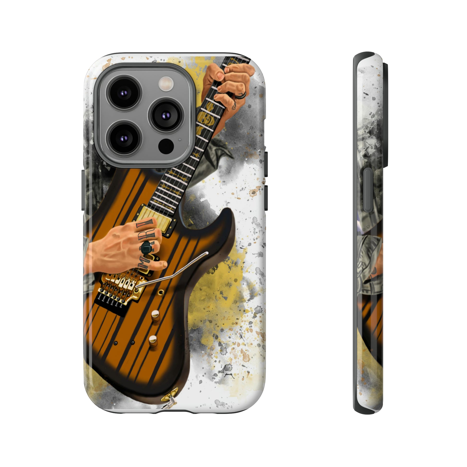 Digital painting of a burst black electric guitar with hands and tattoos printed on iphone tough case