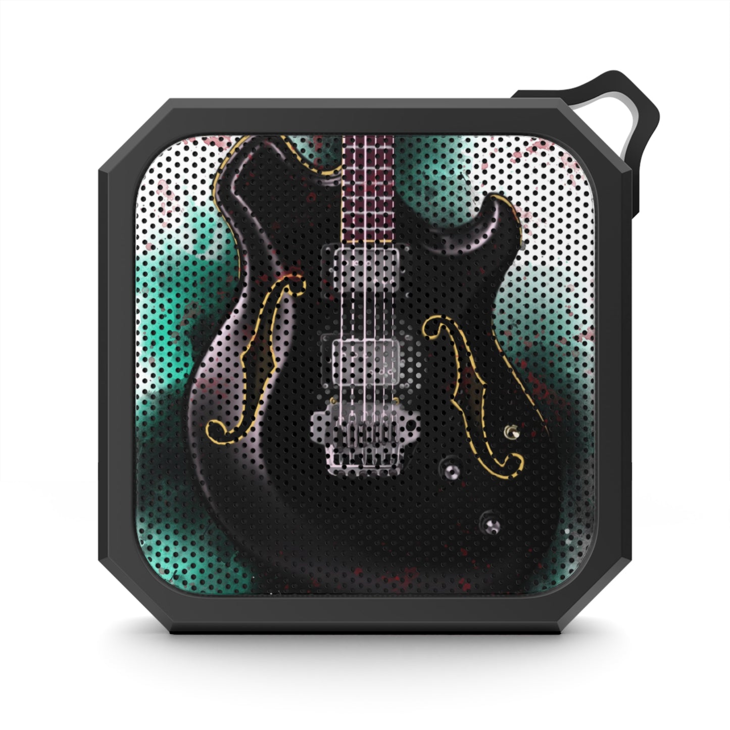 digital painting of a black electric guitar printed on a waterproof bluetooth speaker