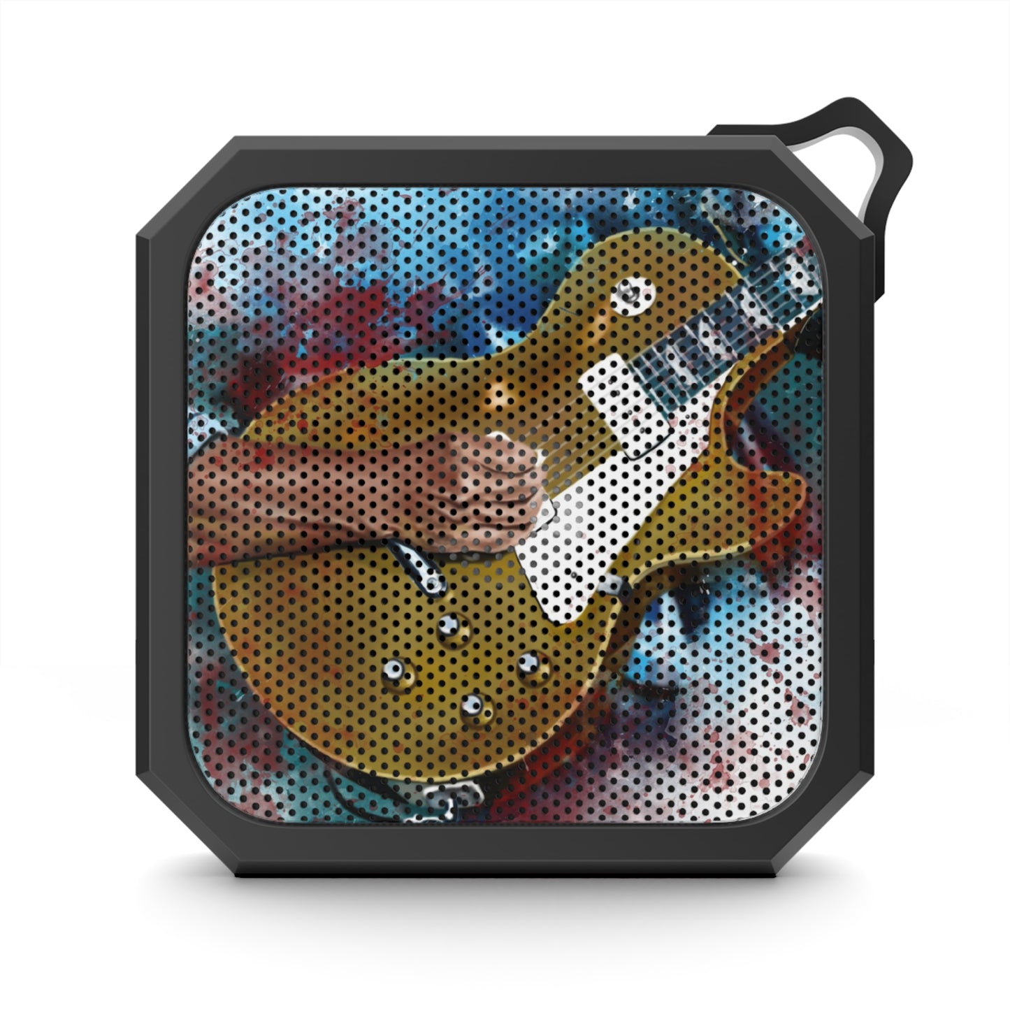 digital painting of a vintage goldtop electric guitar with hands printed on a bluetooth speaker