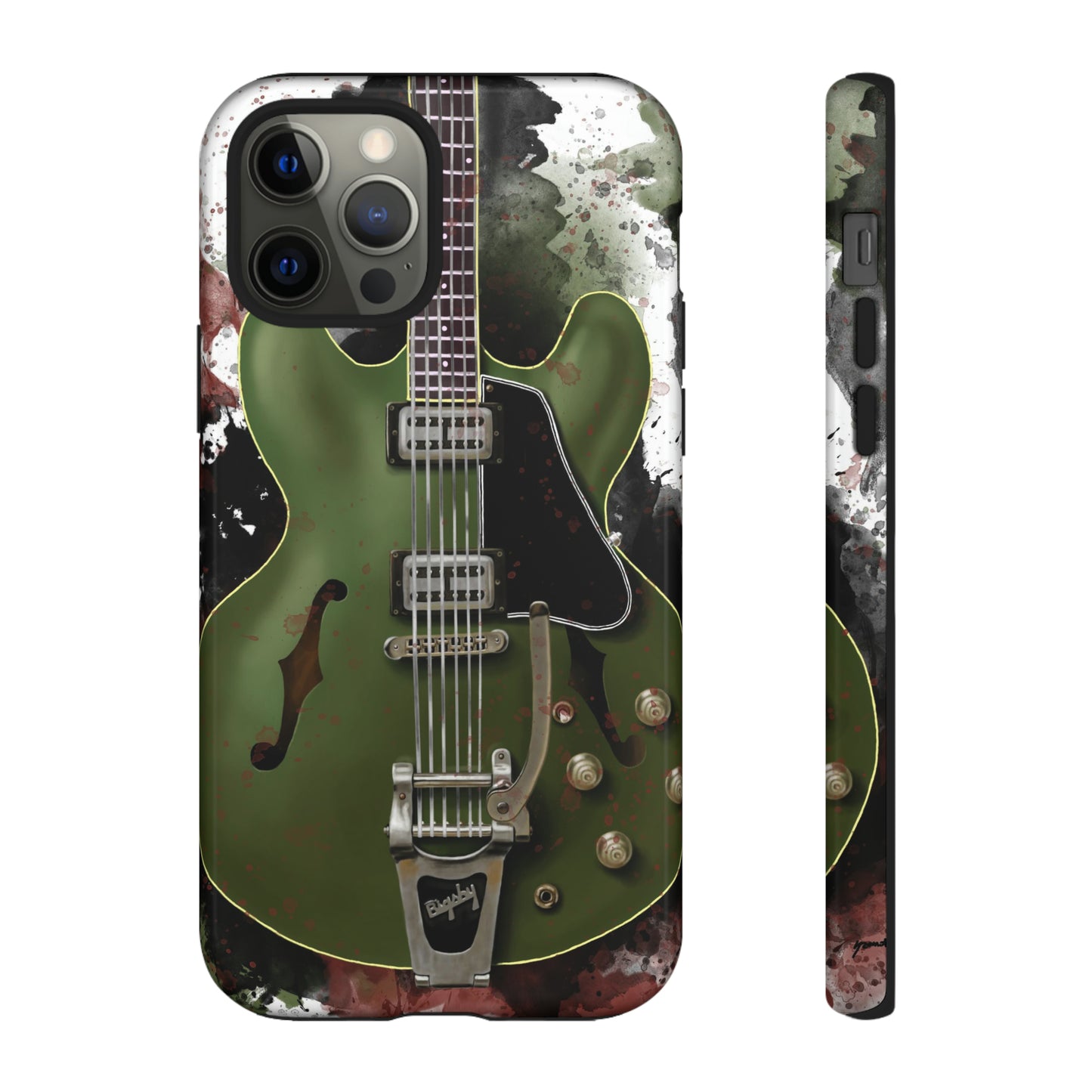 digital painting of a green electric guitar printed on an iphone phone case