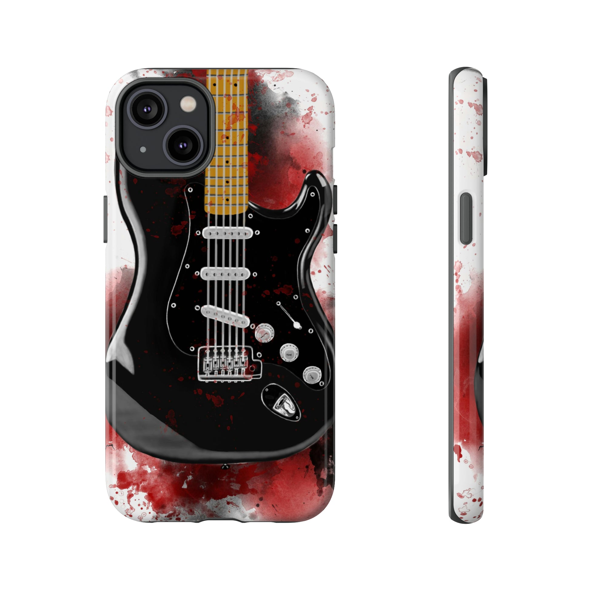 Digital painting of black electric guitar printed on an iphone phone case