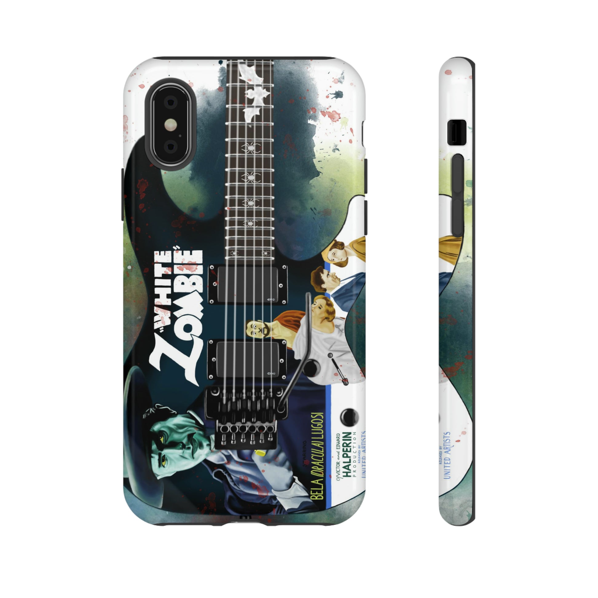 Digital painting of a blue electric guitar with a vintage movie poster on it printed on iphone phone case