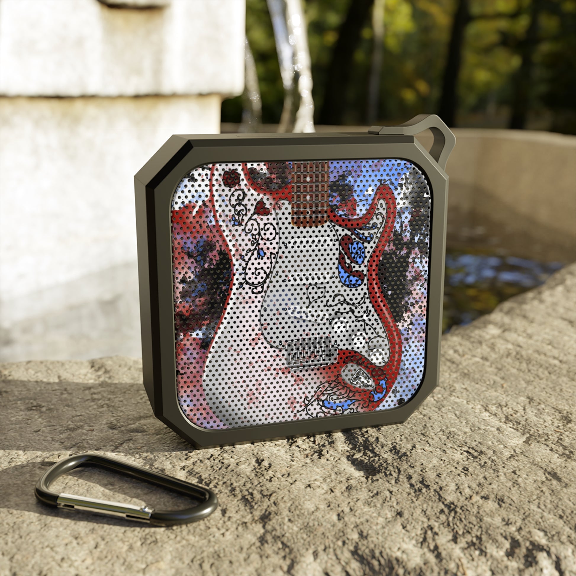 digital painting of a red-white electric guitar with drawings on it printed on a bluetooth speaker