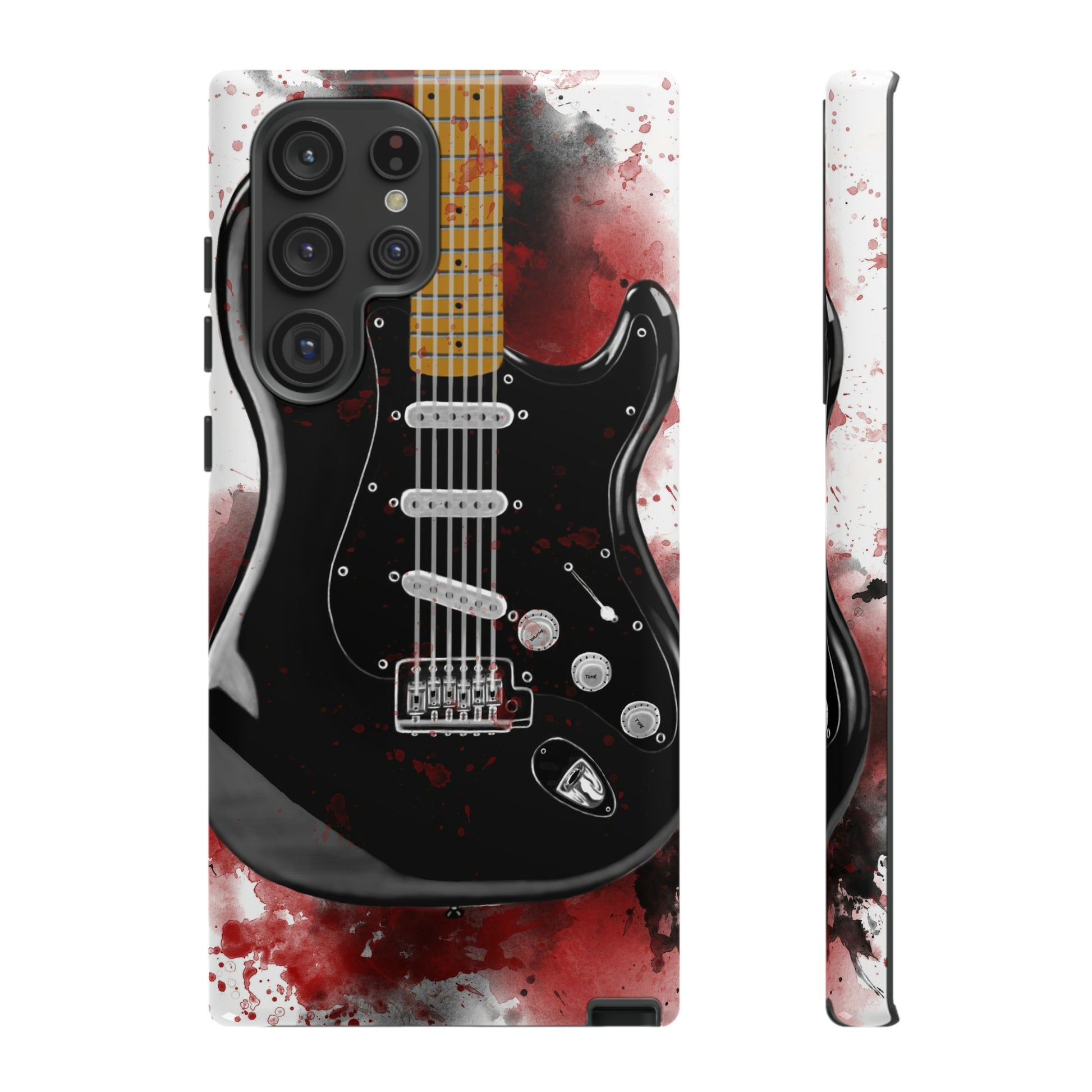 Digital painting of black electric guitar printed on a samsung phone case