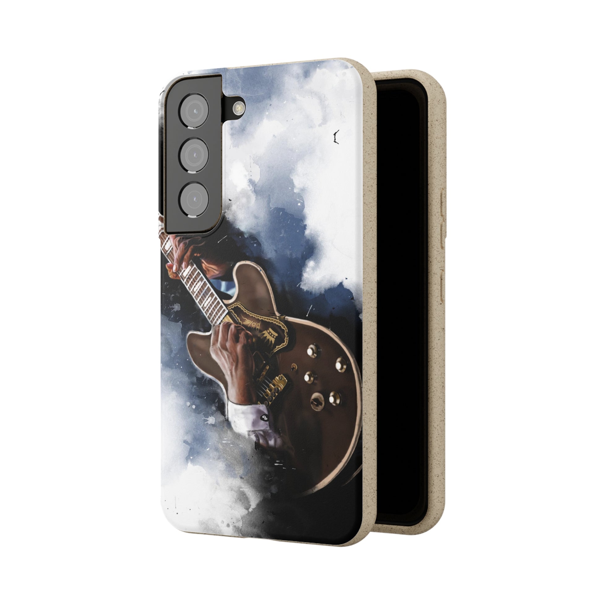 digital painting of a black electric guitar with hands printed on a biodegradable samsung phone case