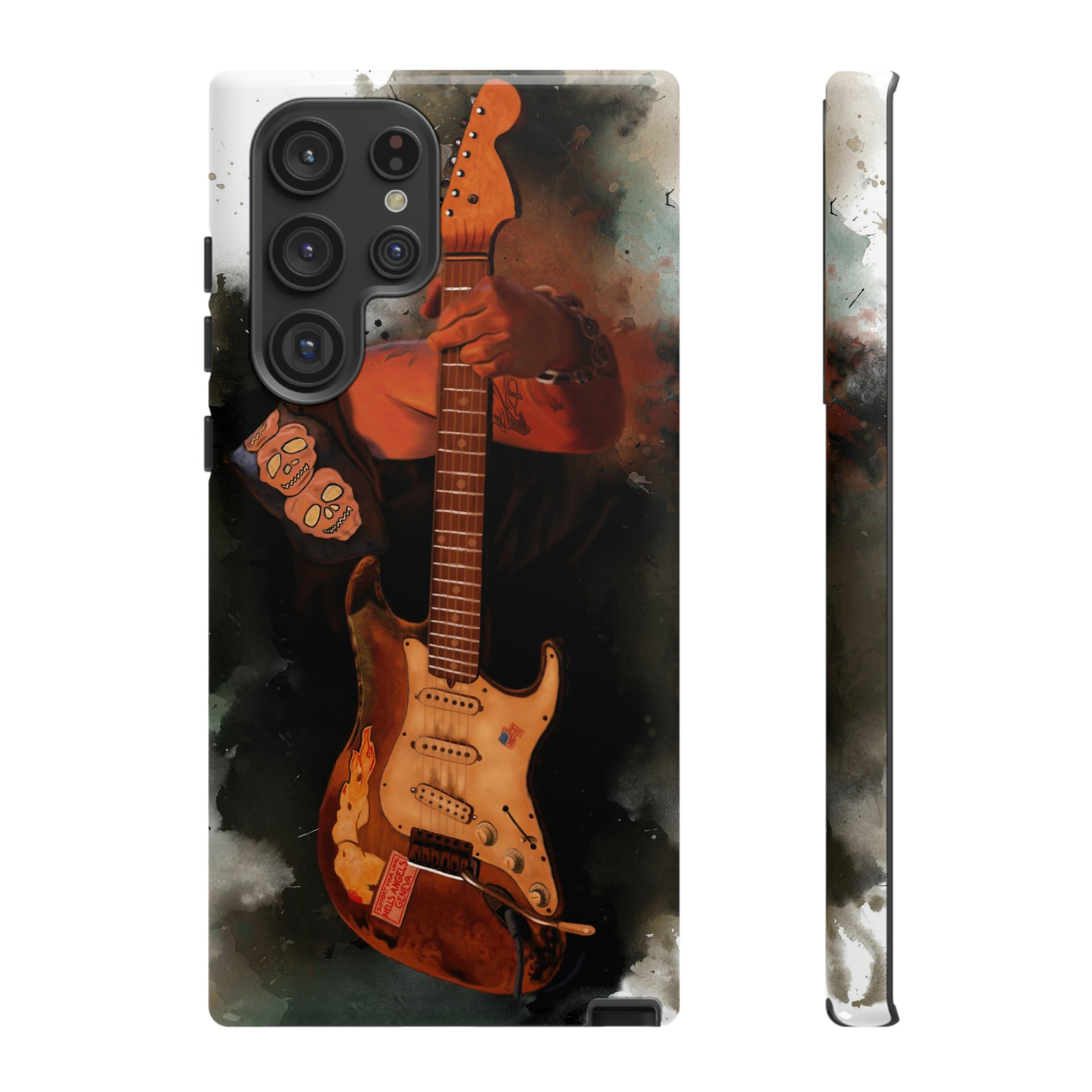 Digital painting of a heavy used vintage sunburst electric guitar with hand printed on samsung phone case