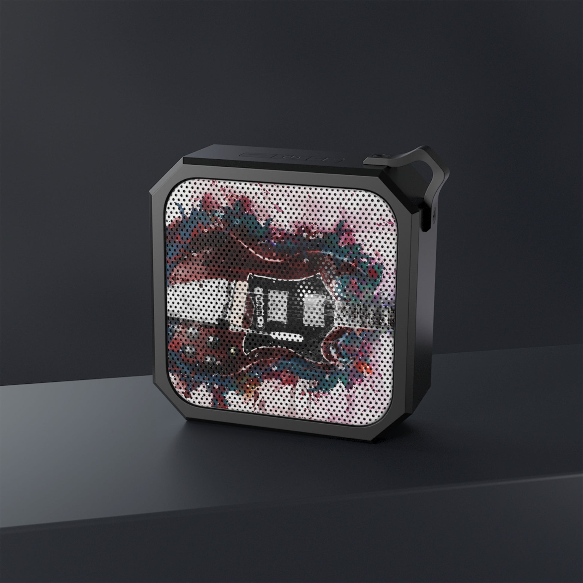 digital painting of a red electric guitar graffiti printed on a bluetooth speaker
