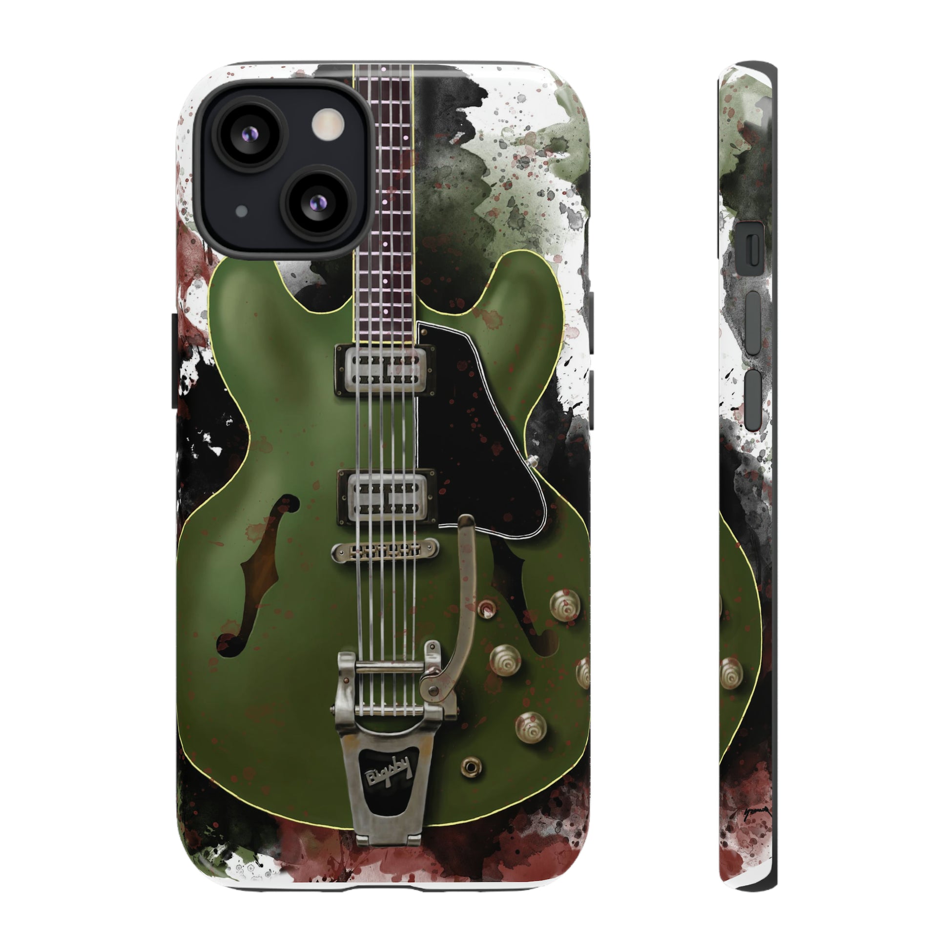 digital painting of a green electric guitar printed on an iphone phone case