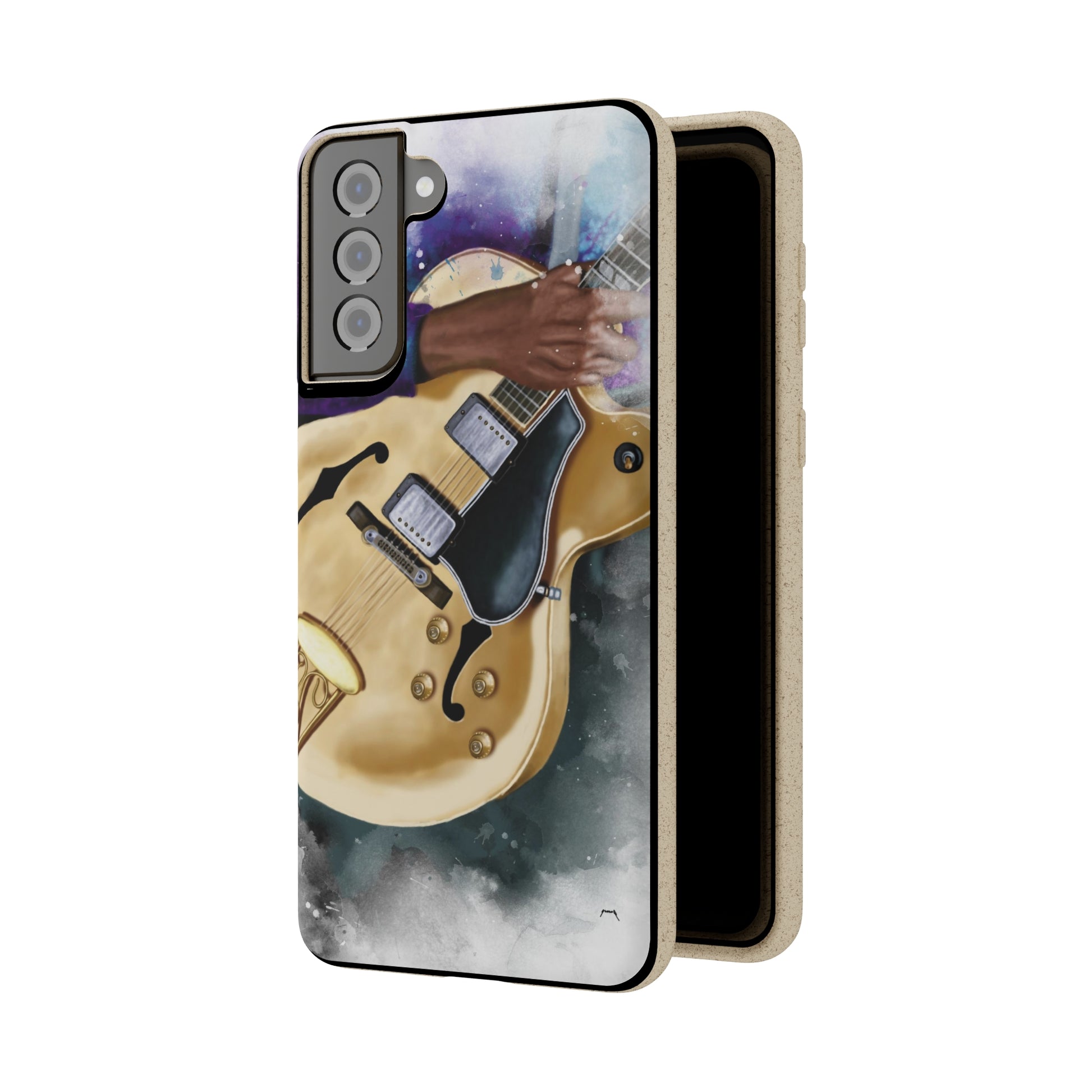 Digital painting of a vintage white hollowbody electric guitar with hand printed on a biodegradable samsung phone case