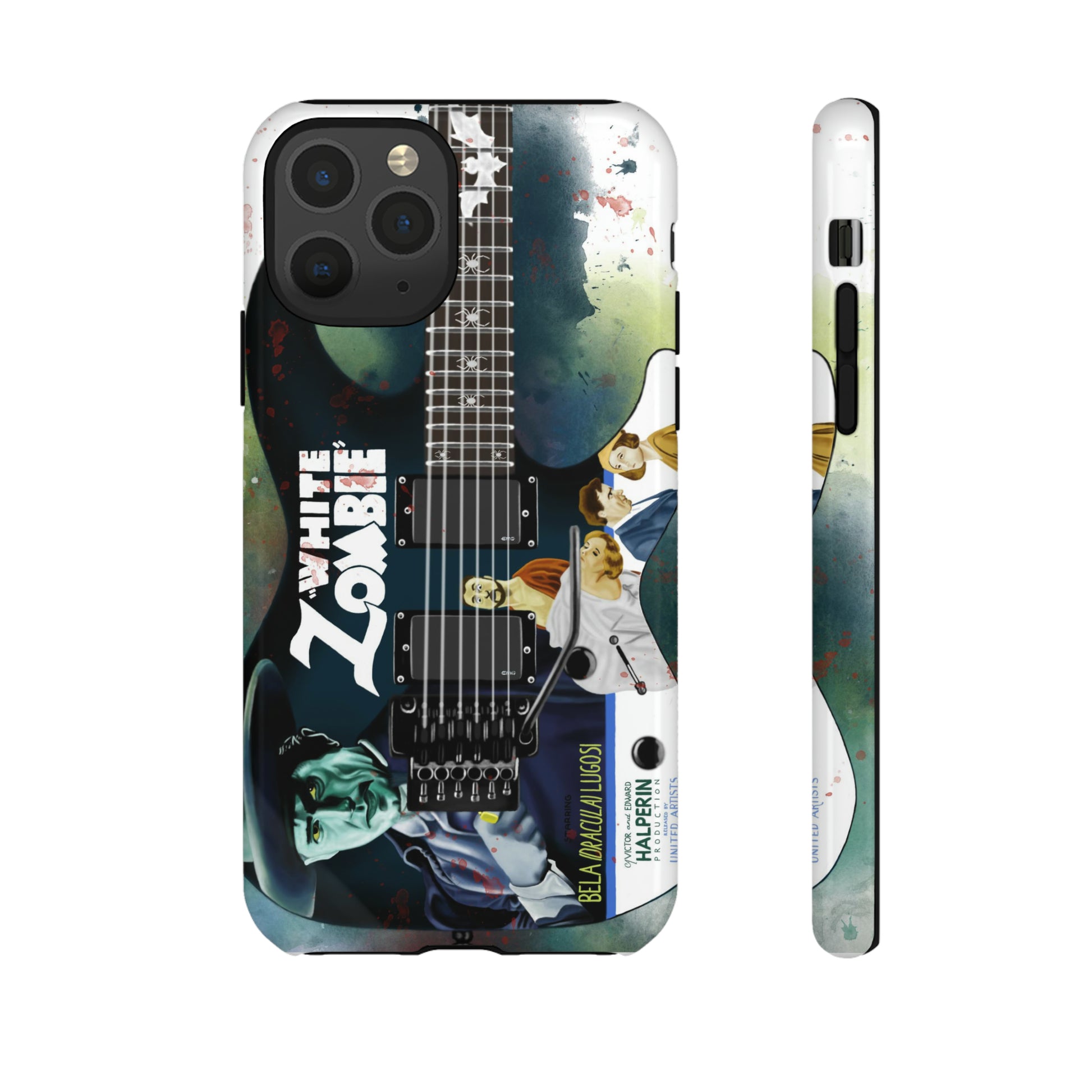 Digital painting of a blue electric guitar with a vintage movie poster on it printed on iphone phone case