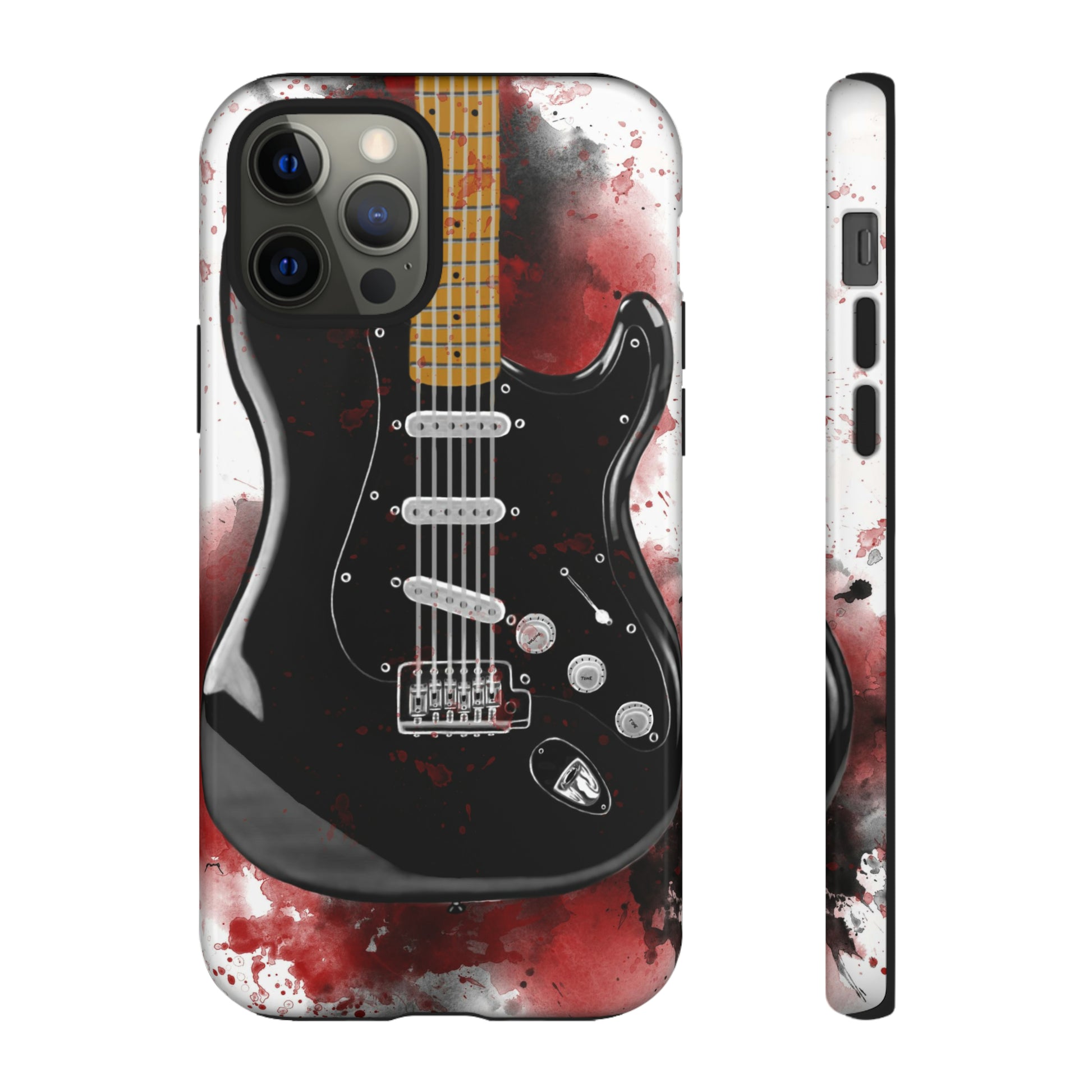 Digital painting of black electric guitar printed on an iphone phone case