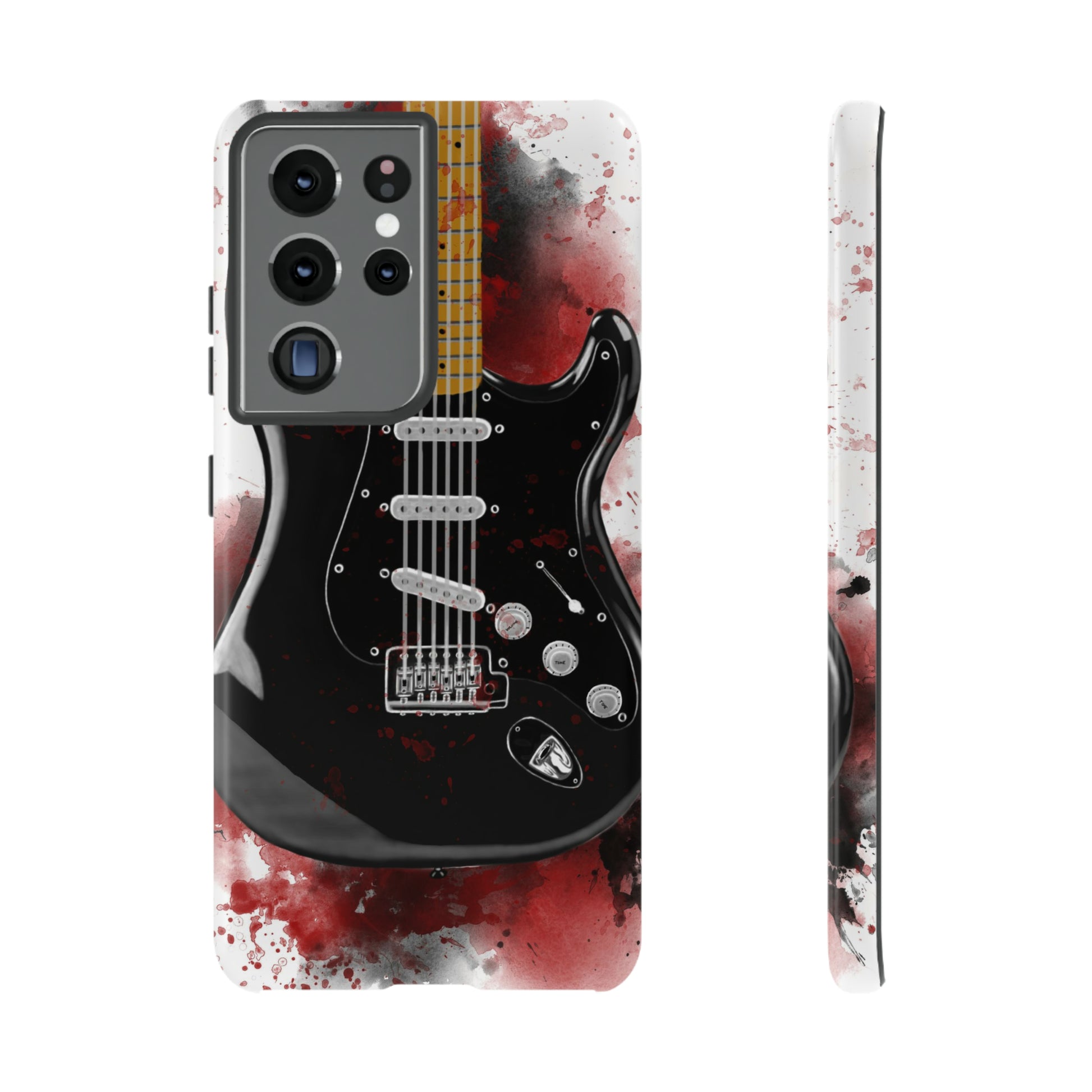 Digital painting of black electric guitar printed on a samsung phone case